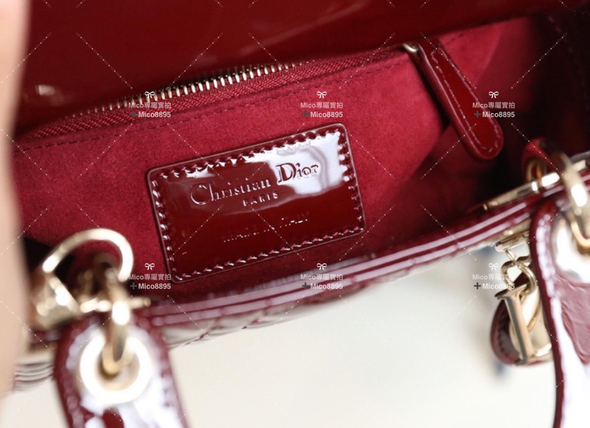 Dior 黛妃包 Lady Dior 酒紅色藤格紋漆皮牛皮革迷你手袋
