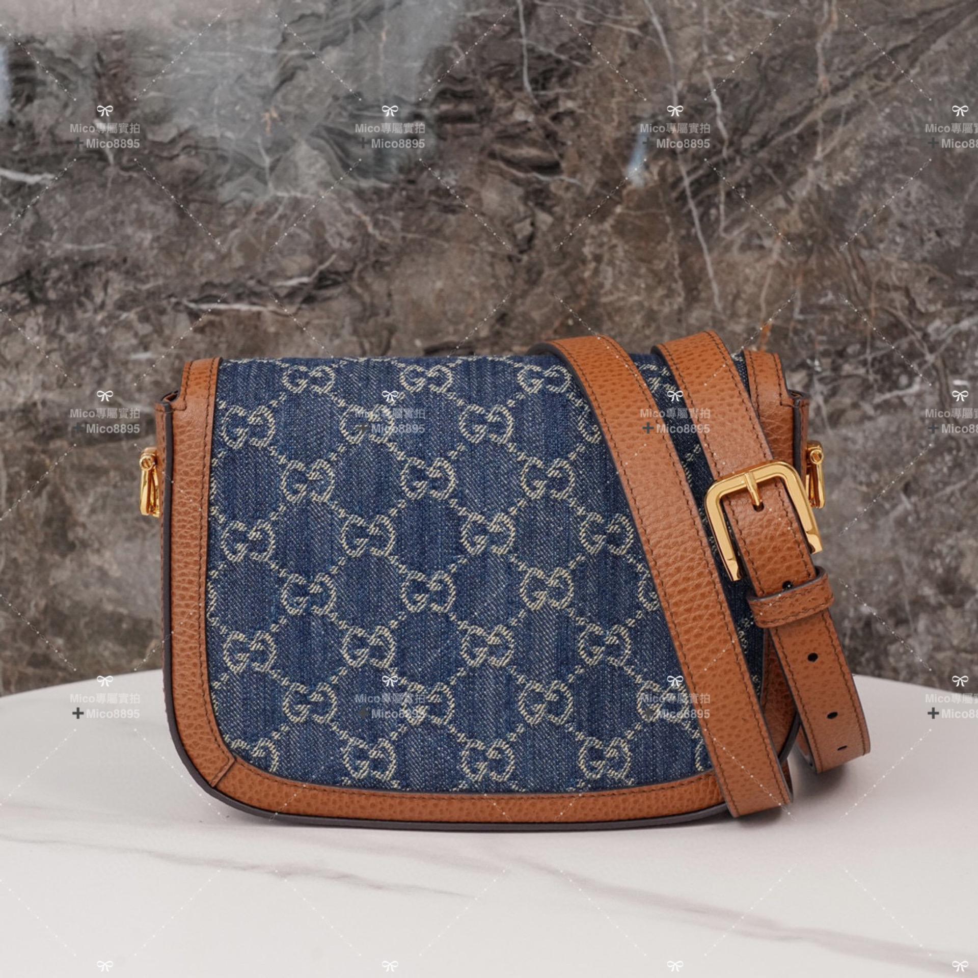 GUCCI 牛仔丹寧 藍色老花馬銜扣1955 迷你手袋 可拆卸肩帶 20cm