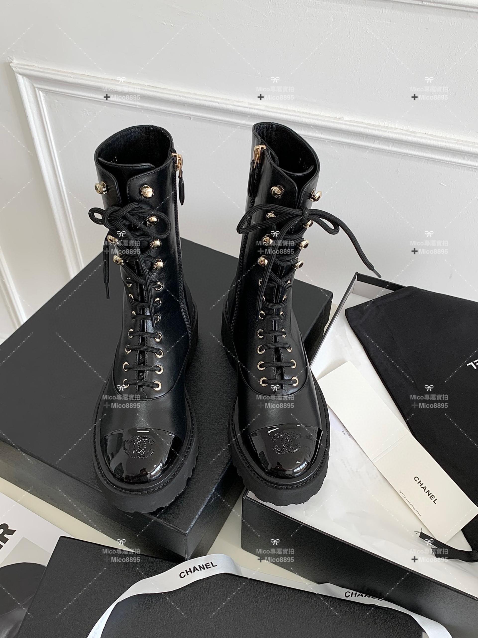 Chanel 2022/aw 小羊皮拼漆皮黑 系帶機車靴 騎士靴 35-40