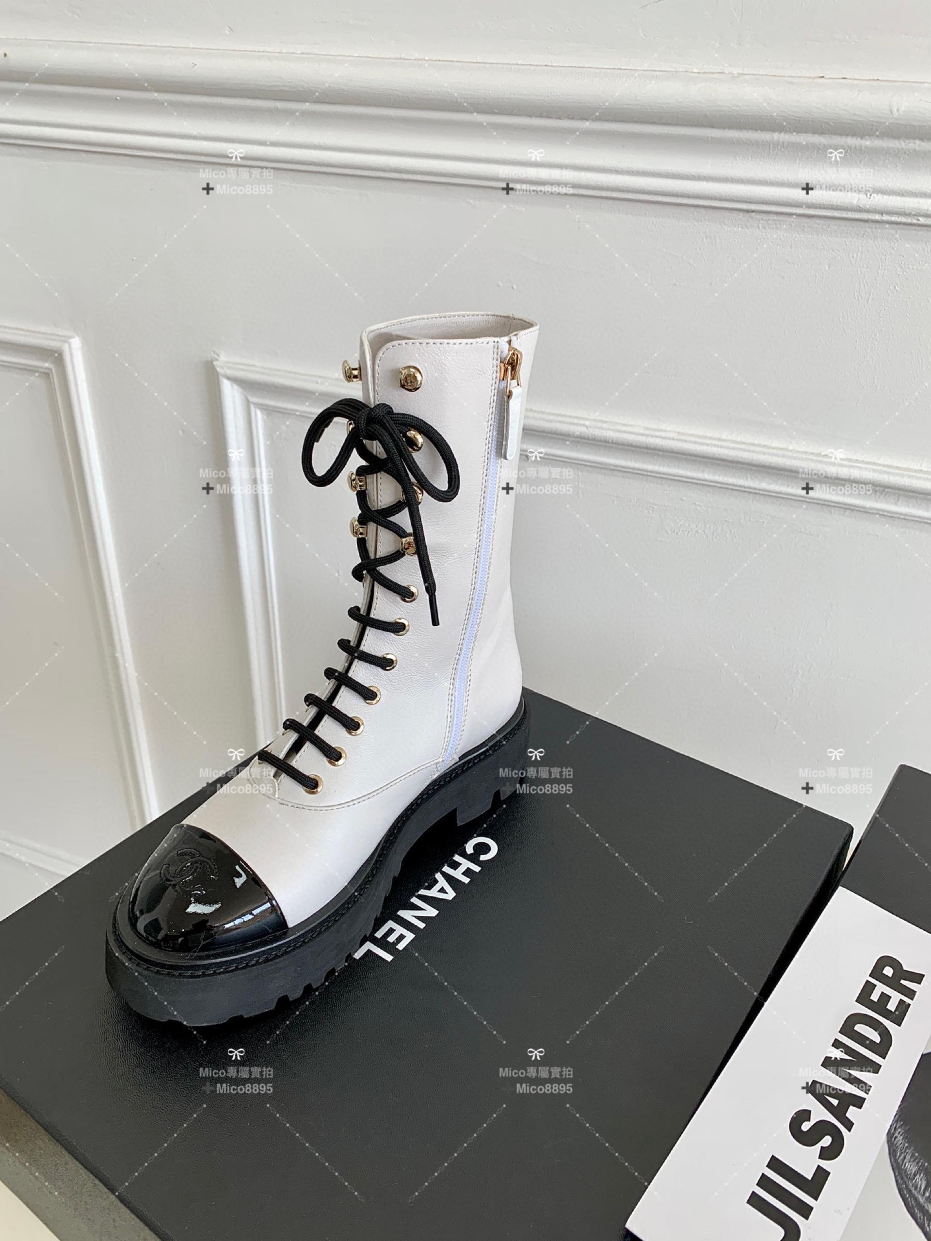 Chanel 2022/aw 白色小羊皮系帶機車靴 騎士靴 35-40