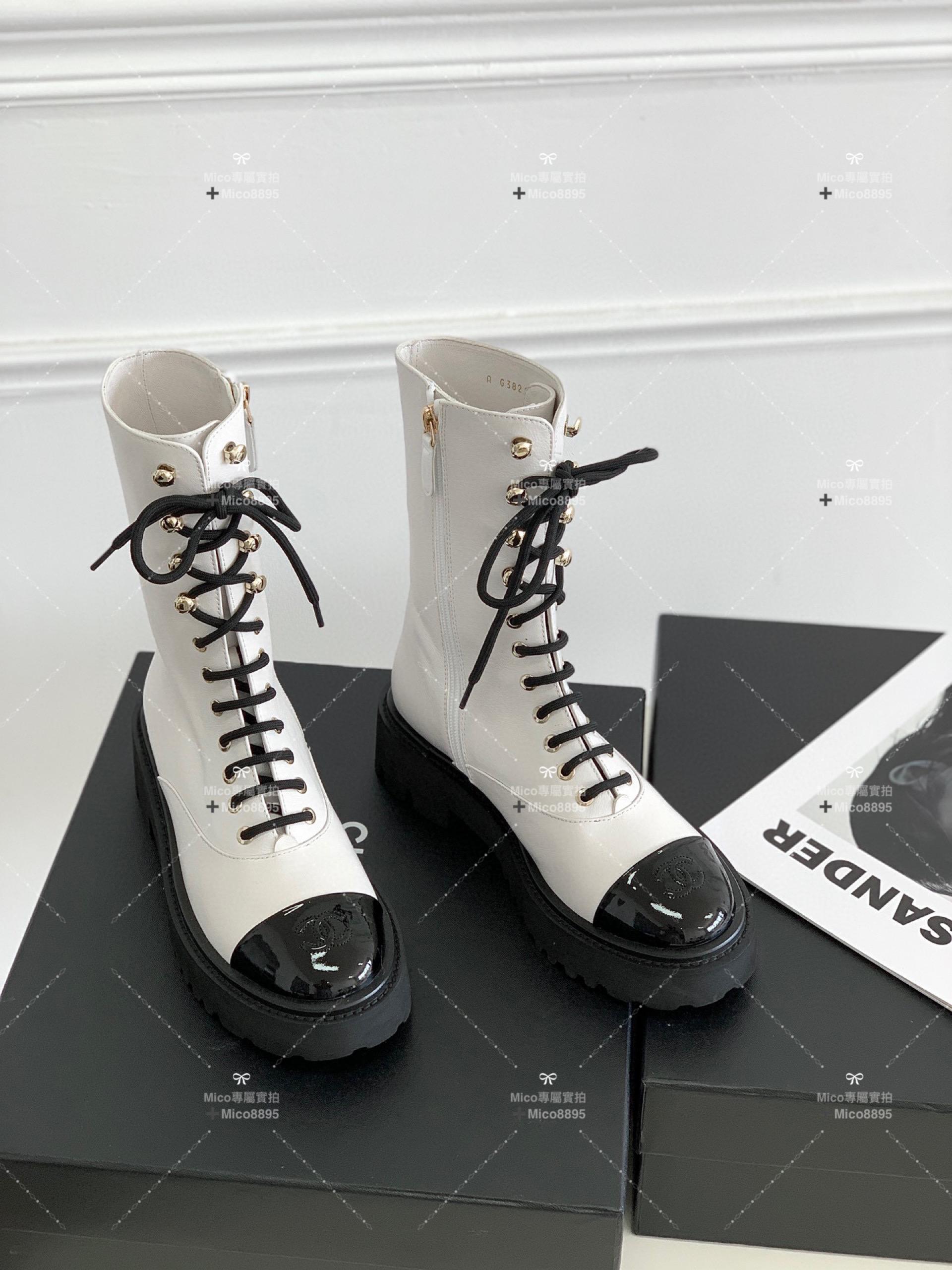 Chanel 2022/aw 白色小羊皮系帶機車靴 騎士靴 35-40