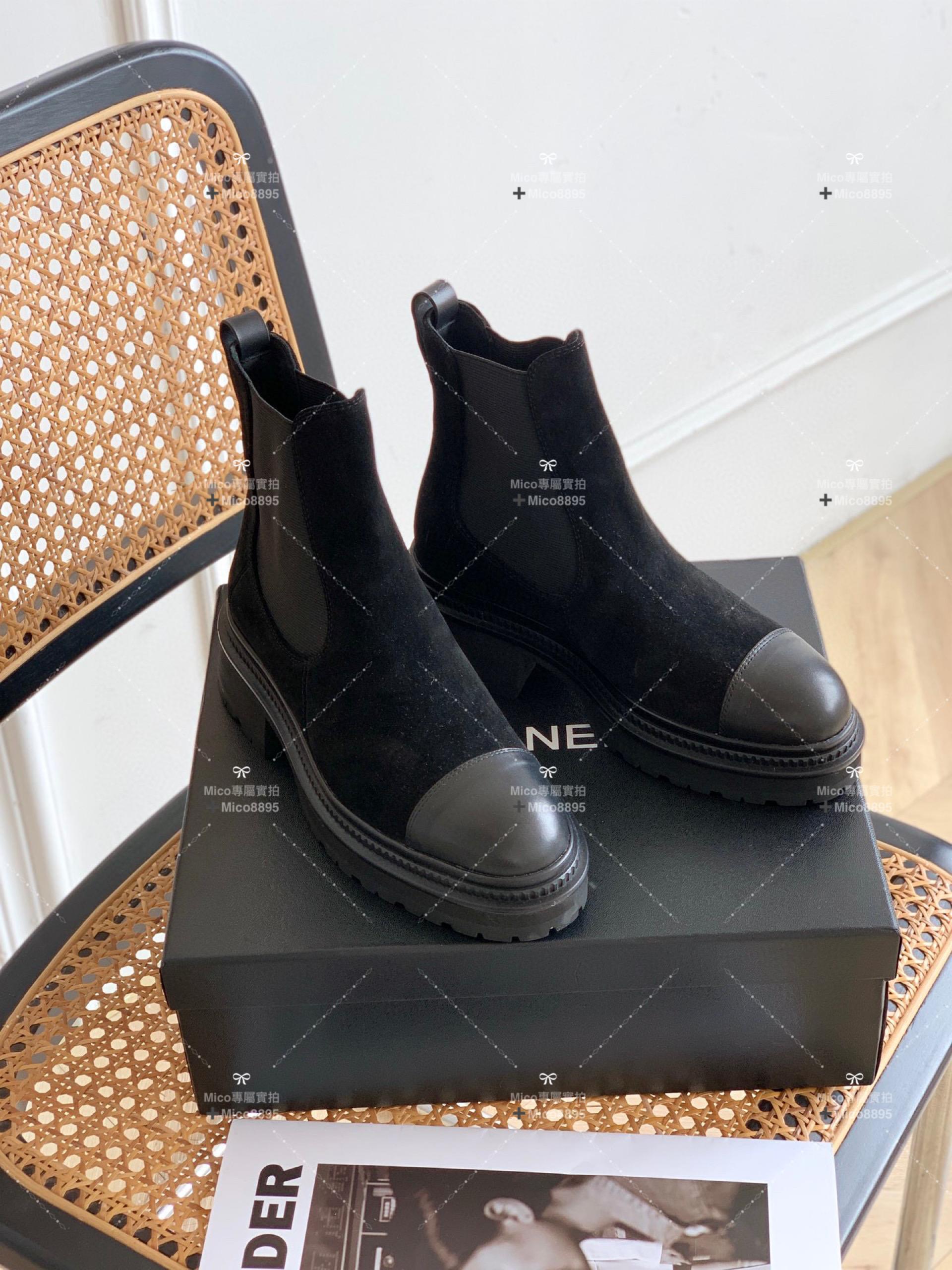 Chanel 2022秋冬新款 麂皮黑 微尖頭切爾西短靴 騎士靴 35-40