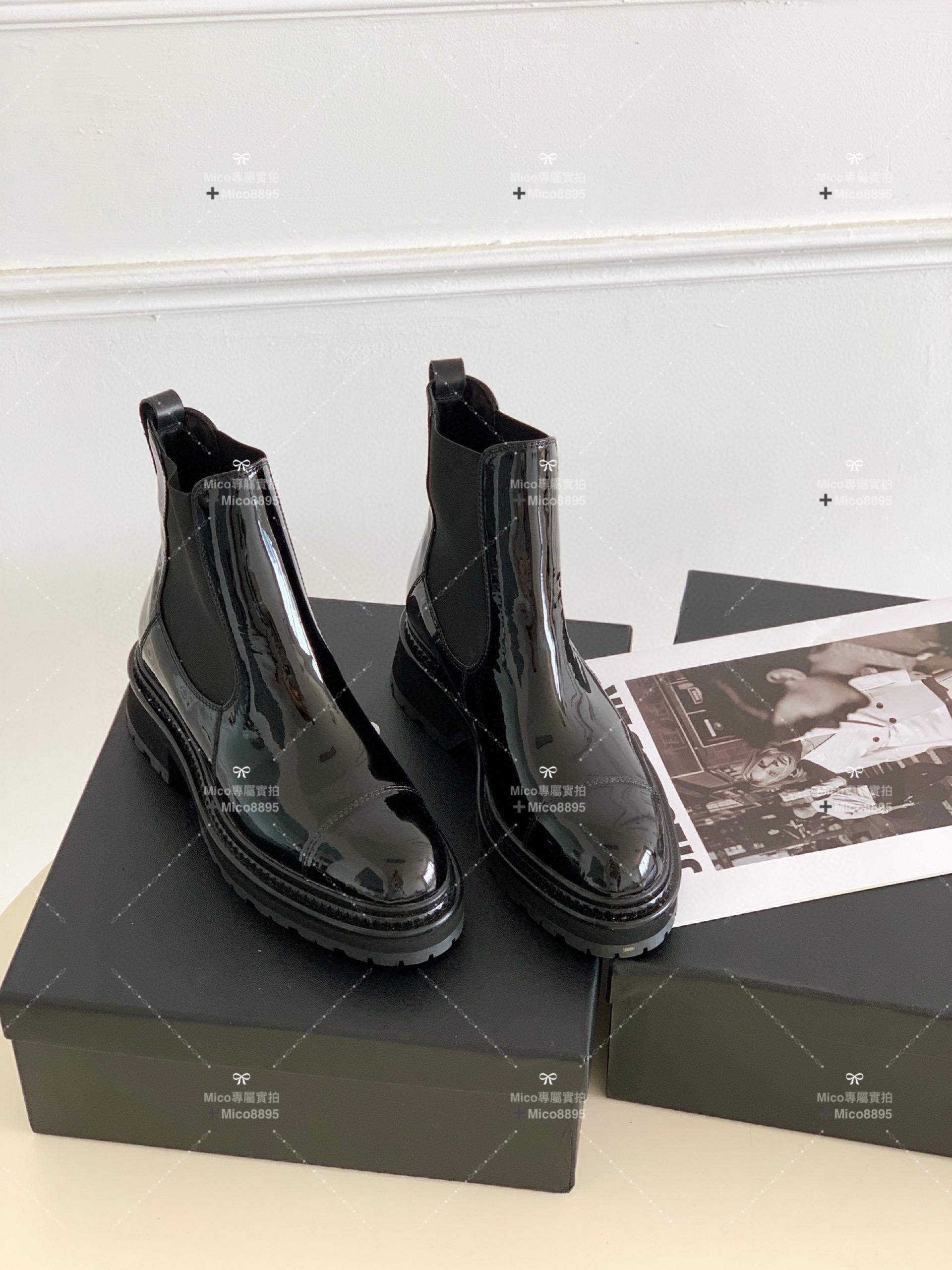 Chanel 2022秋冬新款 全漆皮 黑 微尖頭切爾西短靴 騎士靴 35-40