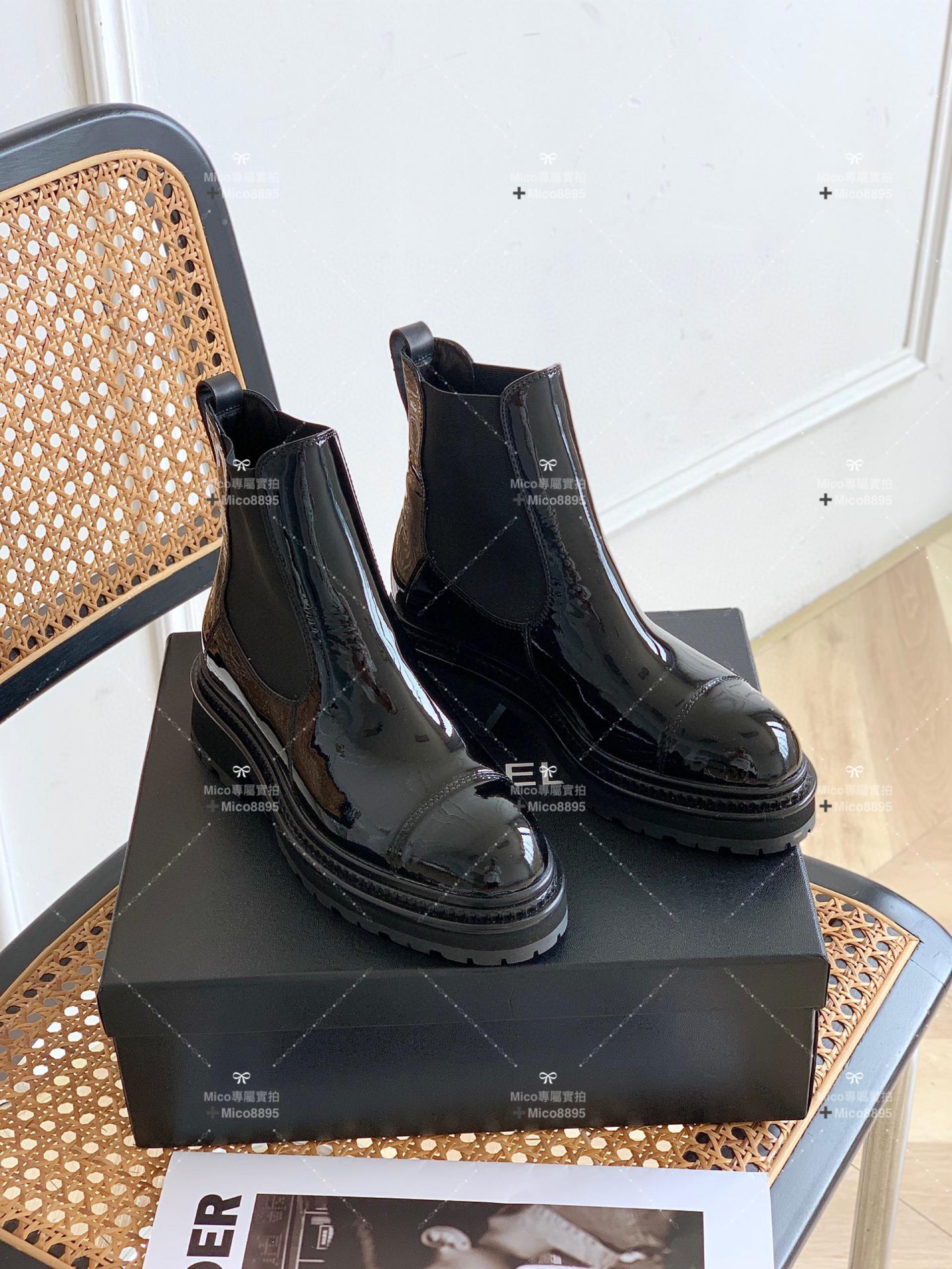 Chanel 2022秋冬新款 全漆皮 黑 微尖頭切爾西短靴 騎士靴 35-40