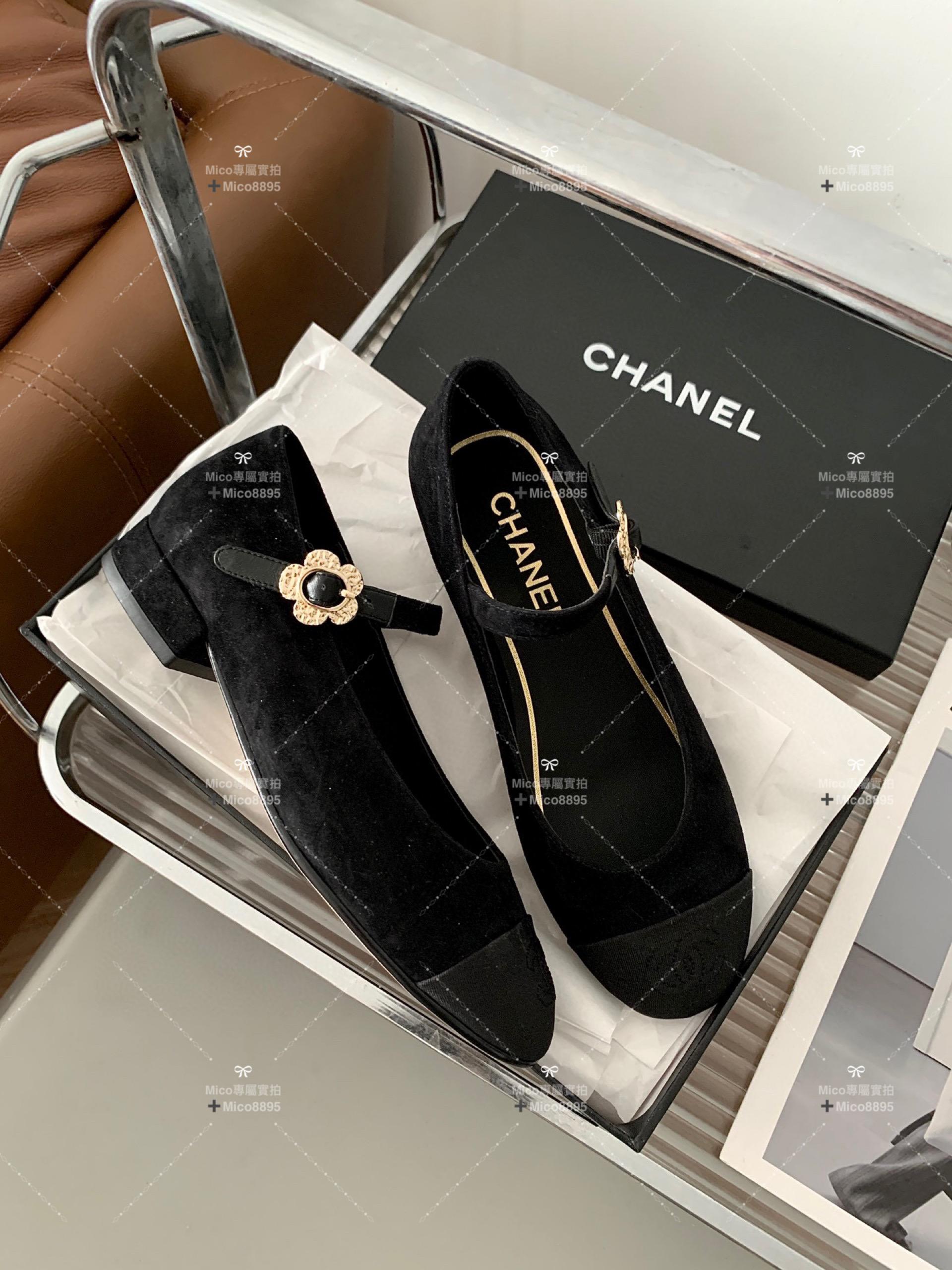 Chanel 絨面黑色 側邊小花釦 瑪莉珍平底鞋 繫帶鞋 娃娃鞋