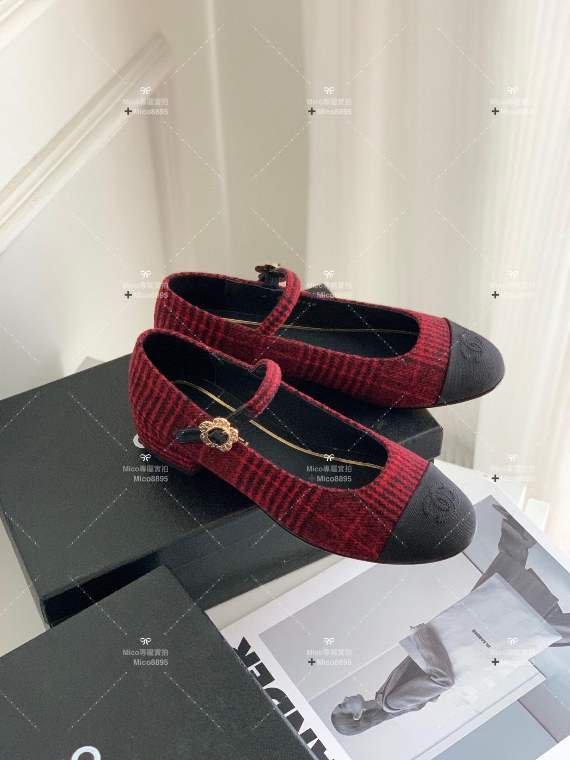 Chanel 英格蘭紅 絨面 側邊小花釦 瑪莉珍平底鞋 繫帶鞋 娃娃鞋