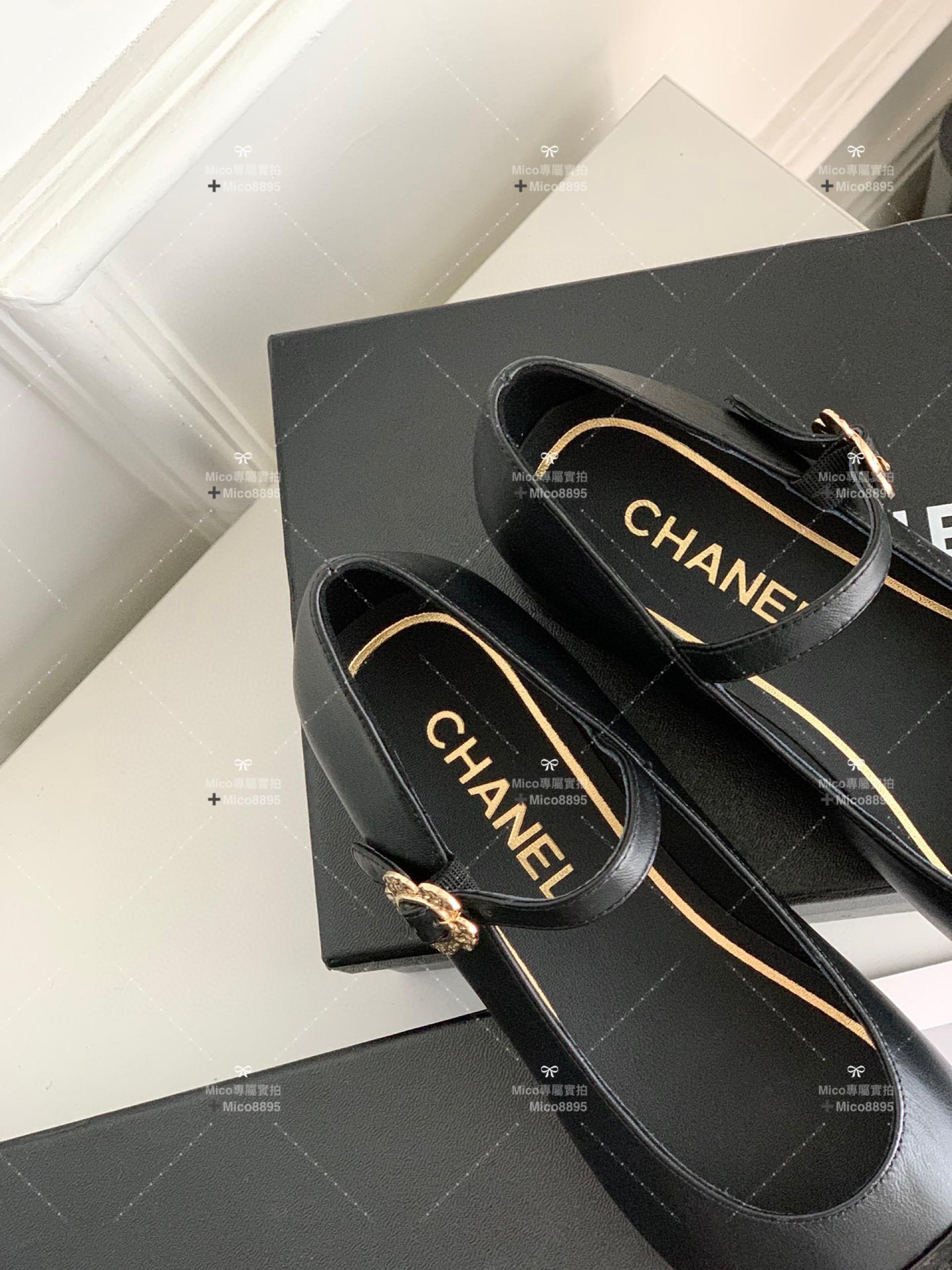 Chanel 小牛皮黑色 側邊小花釦 瑪莉珍平底鞋 繫帶鞋 娃娃鞋