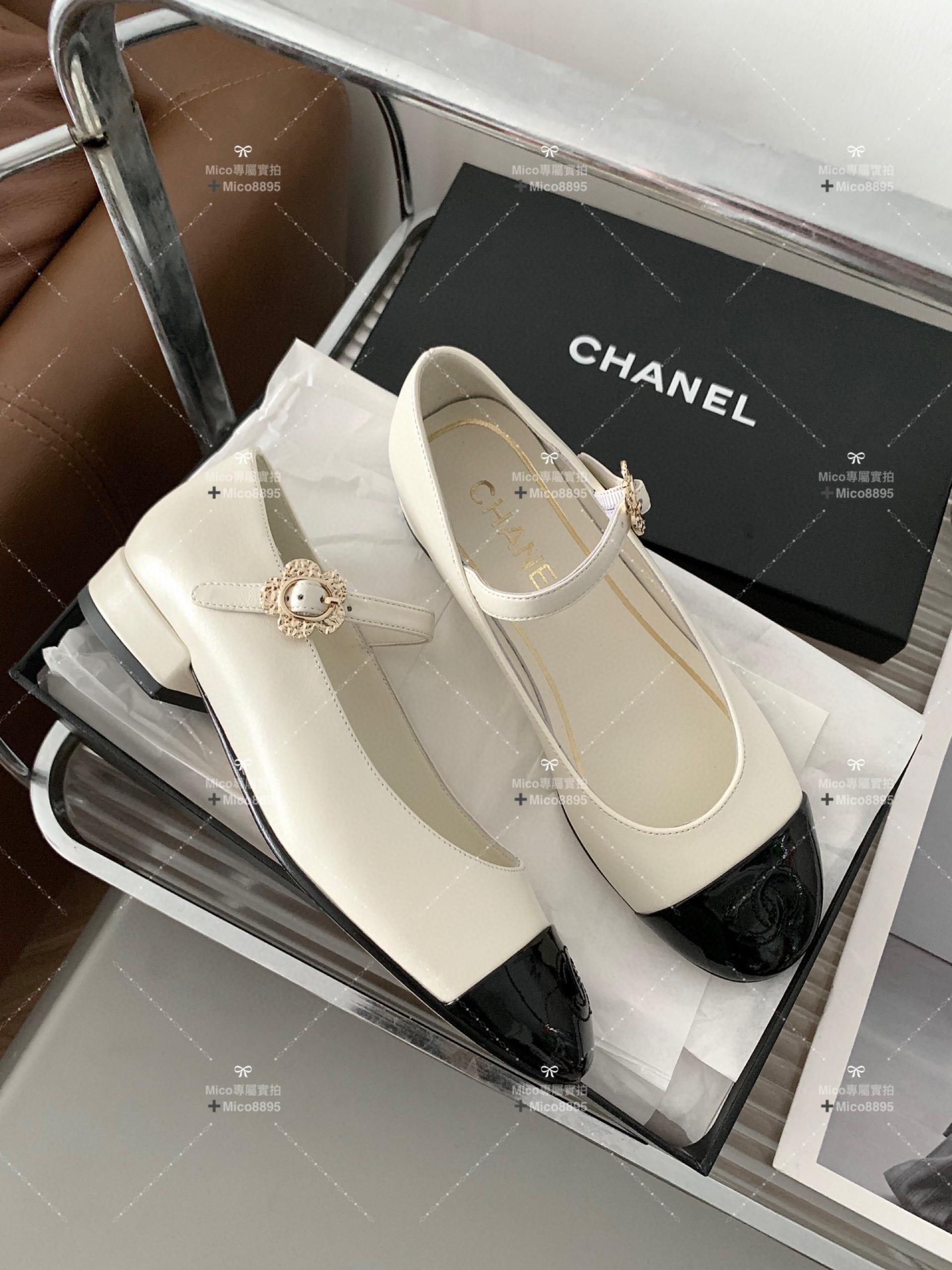 Chanel 白色小牛皮 側邊小花釦 瑪莉珍平底鞋 繫帶鞋 娃娃鞋