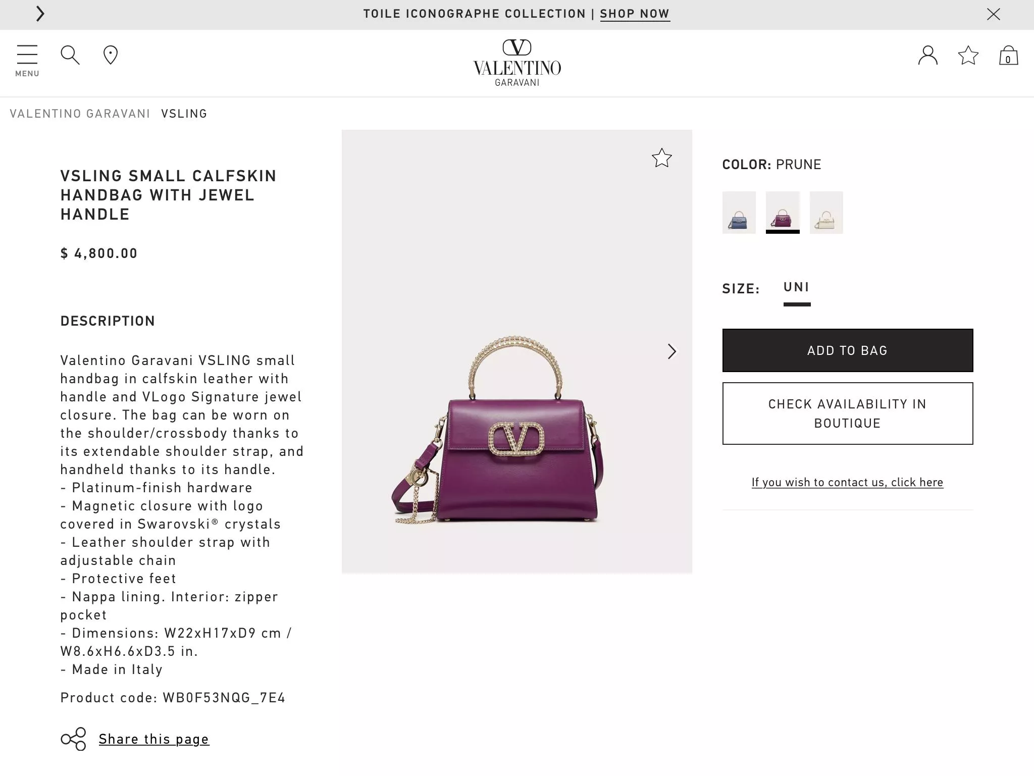 Valentino VSLING小號 水晶裝飾小牛皮手袋， 可斜挎，提手設計便於手提 深紫色 22cm