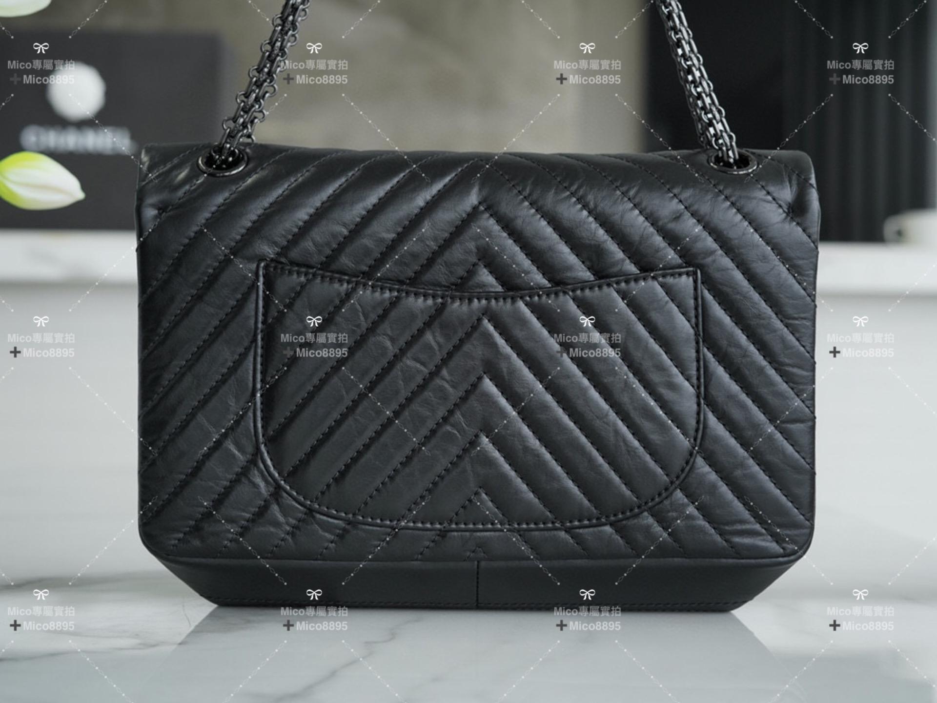 Chanel 2.55 黑色 All Black 山形紋 V紋 口蓋包 28cm