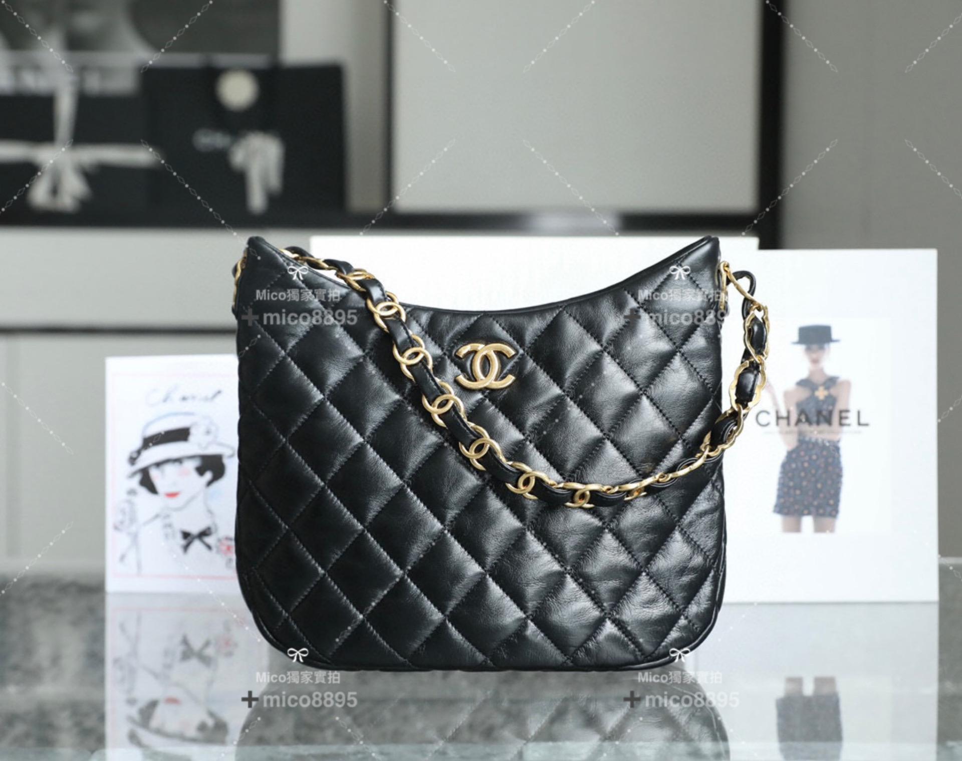 Chanel 22K系列 復古黑金CC鏈條Hobo腋下包 大號 嬉皮包 小羊皮 黑色 26cm