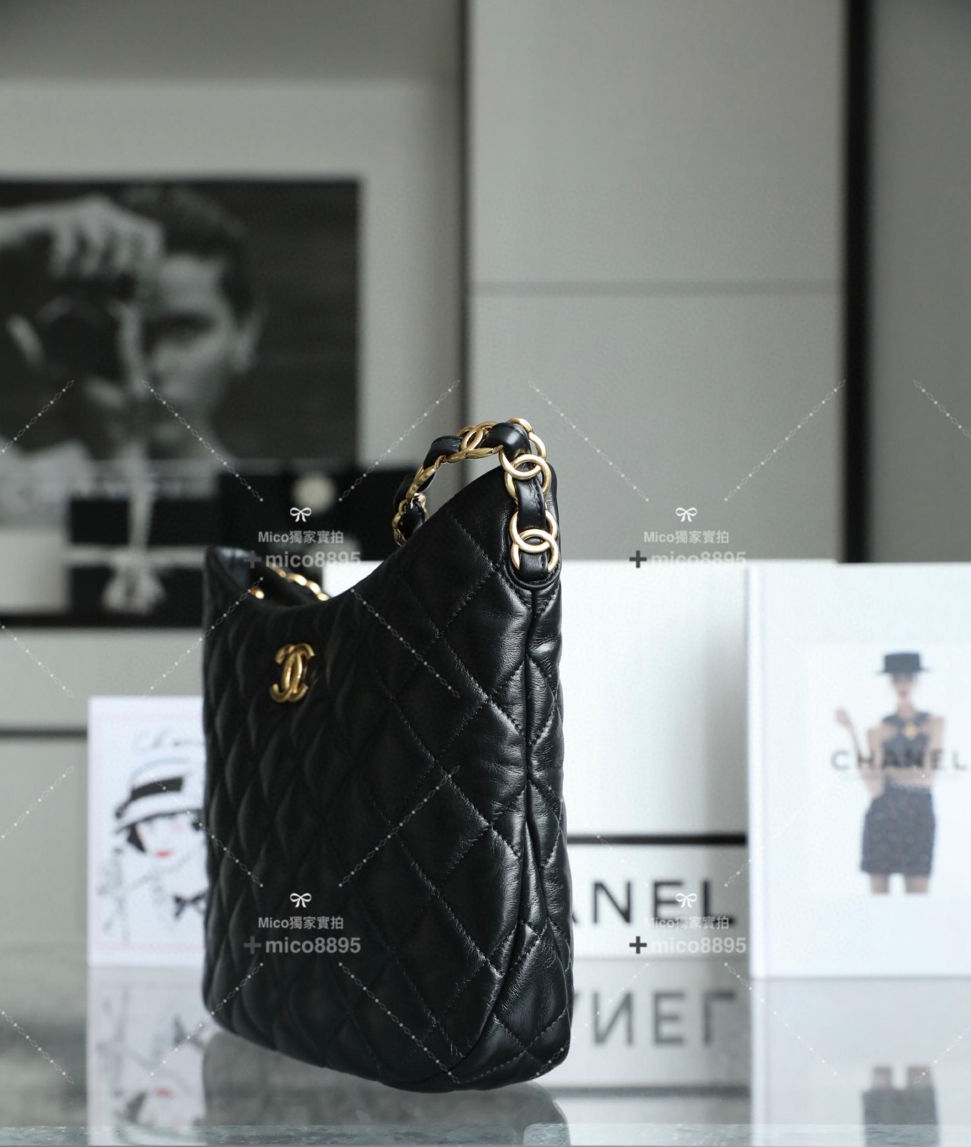 Chanel 22K系列 復古黑金CC鏈條Hobo腋下包 大號 嬉皮包 小羊皮 黑色 26cm