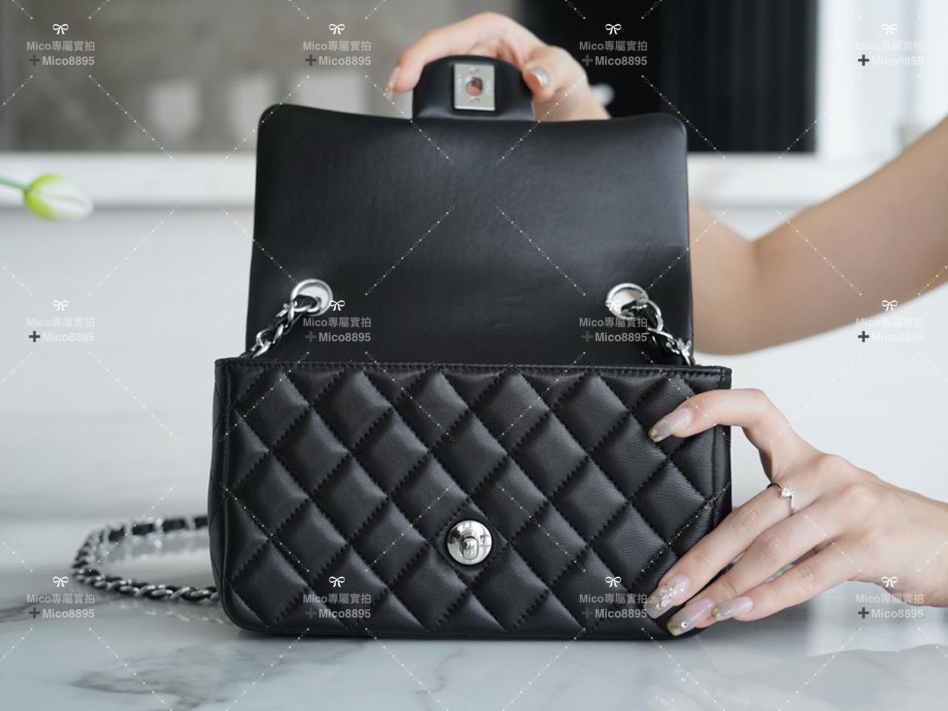 Chanel 黑色羊皮 銀釦 「Classic Flap」經典口蓋包 miniCF 20cm