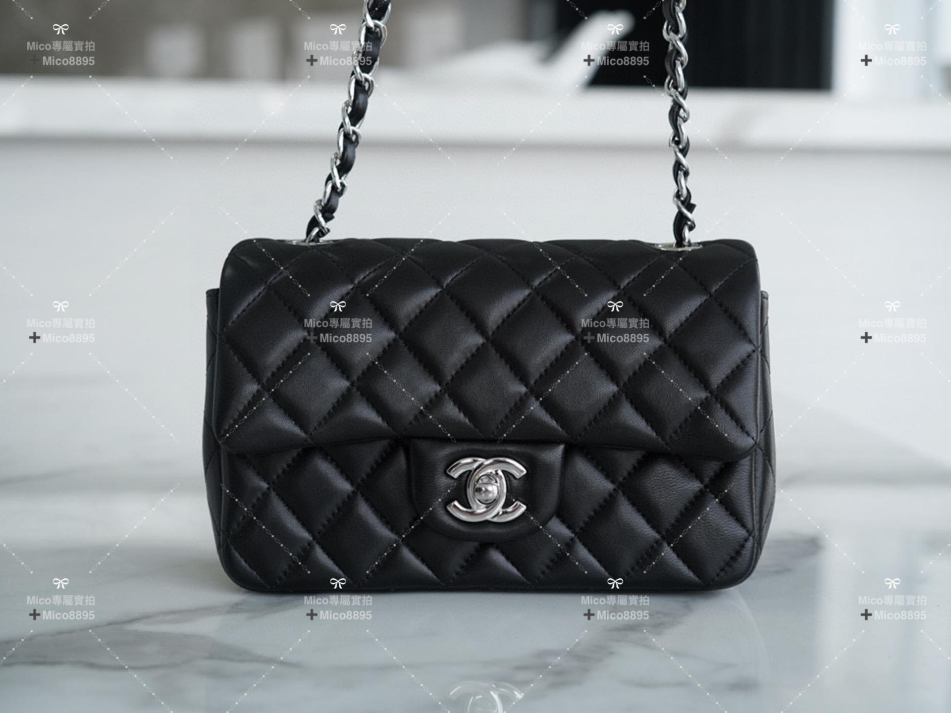 Chanel 黑色羊皮 銀釦 「Classic Flap」經典口蓋包 miniCF 20cm