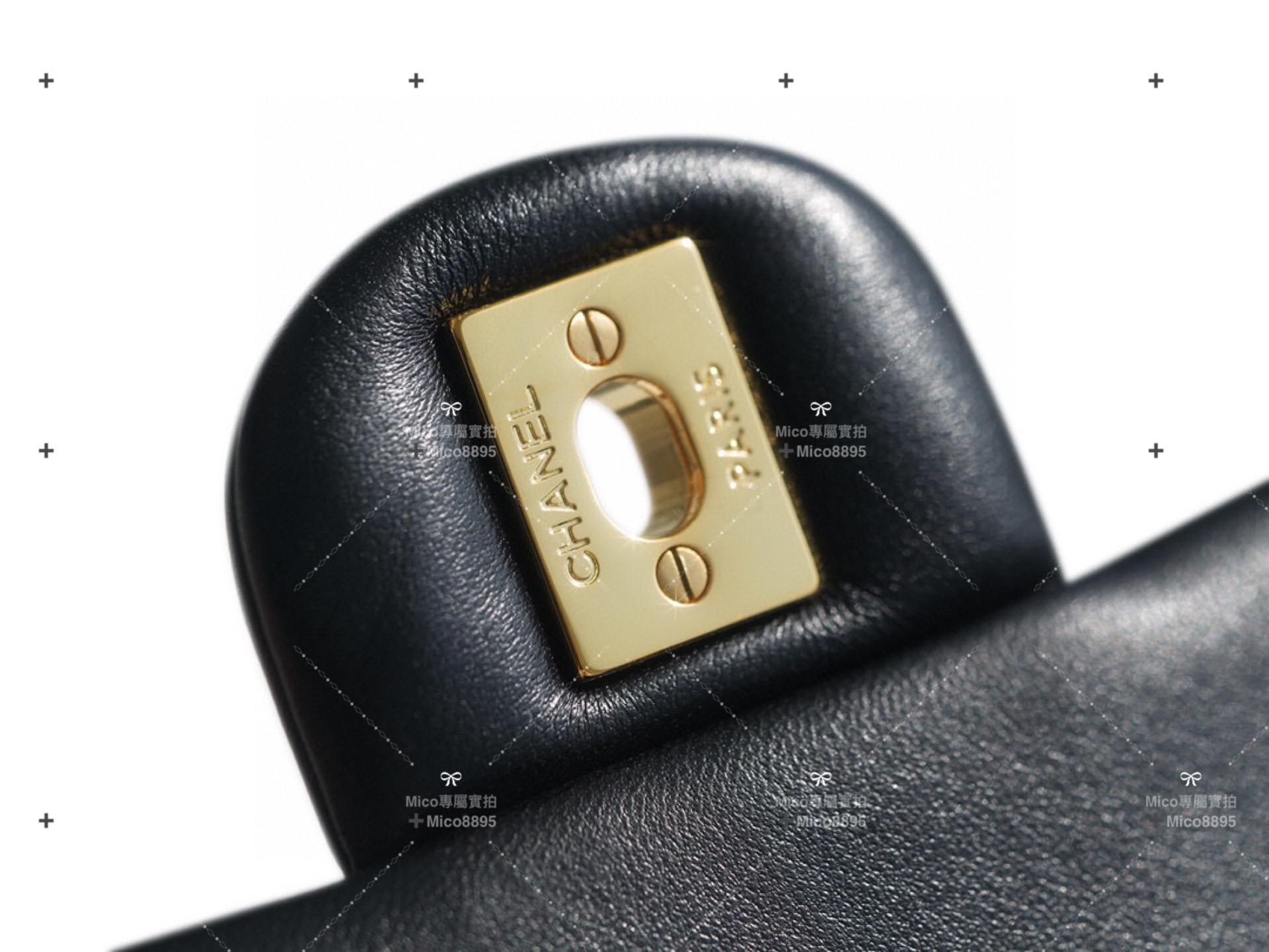 Chanel 黑色羊皮 金釦 內拼酒紅 「Classic Flap」經典口蓋包 miniCF 20cm