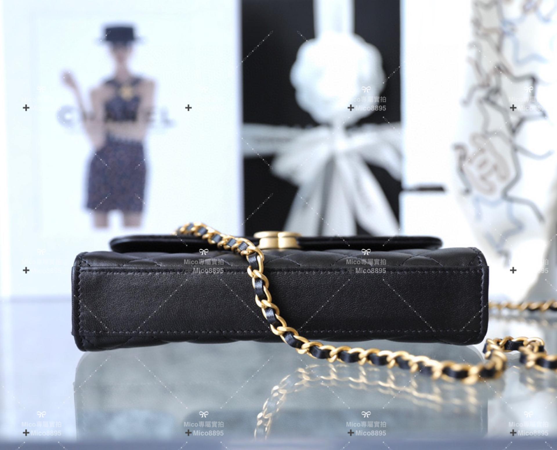Chanel 22B 琺瑯手柄鏈條口蓋手機包 黑色 17cm