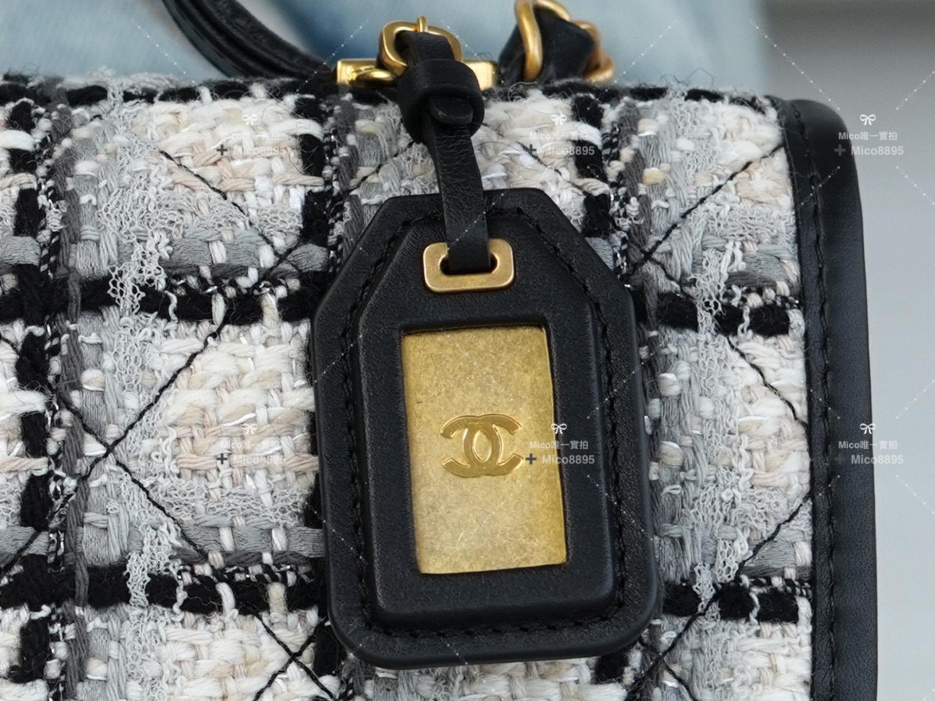 Chanel 22K 毛呢款 黑白拼格郵差包 豆腐包 25cm