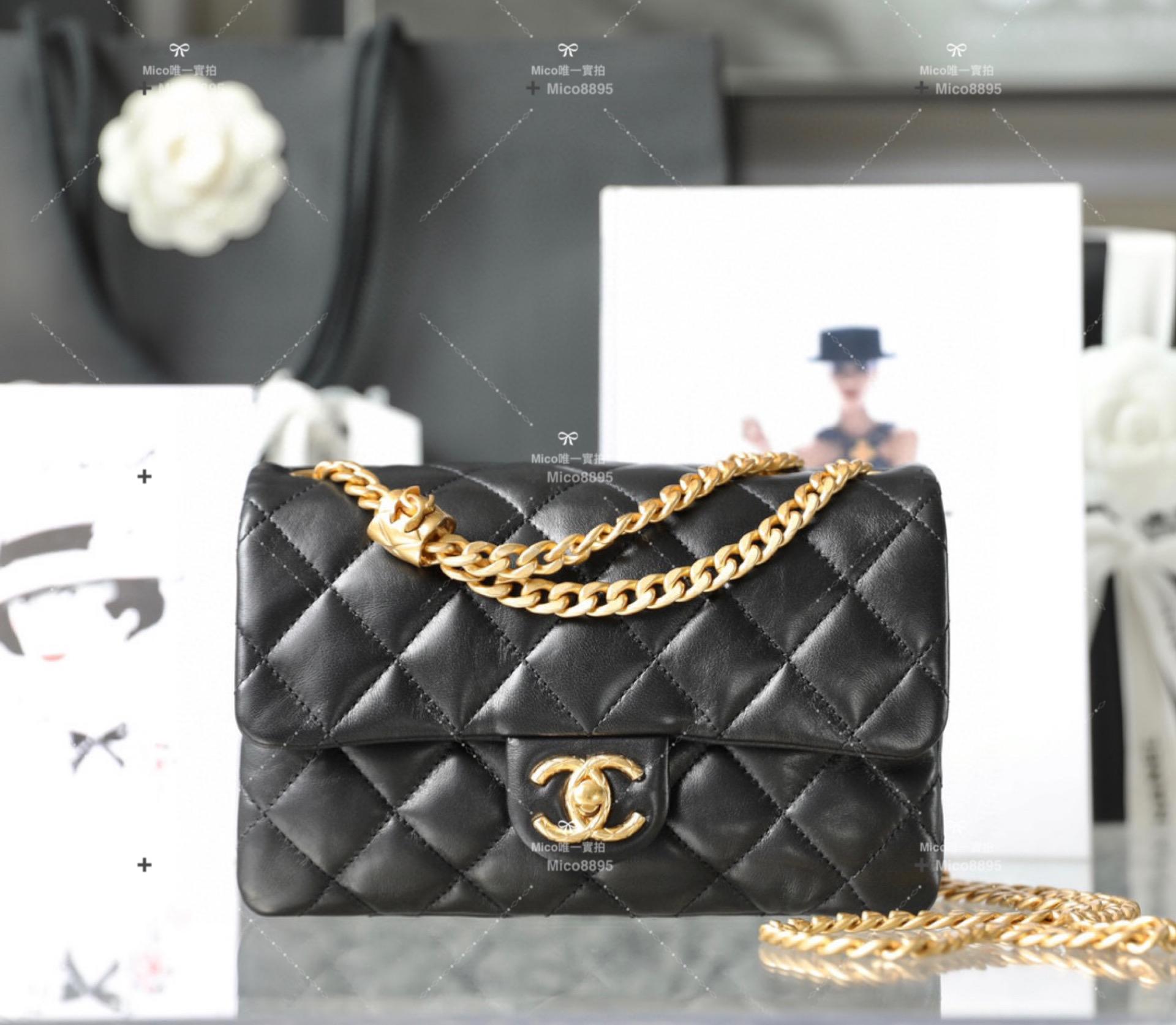 Chanel 黑色 金柱調節鏈口蓋包 風琴包 小號 小羊皮 22cm