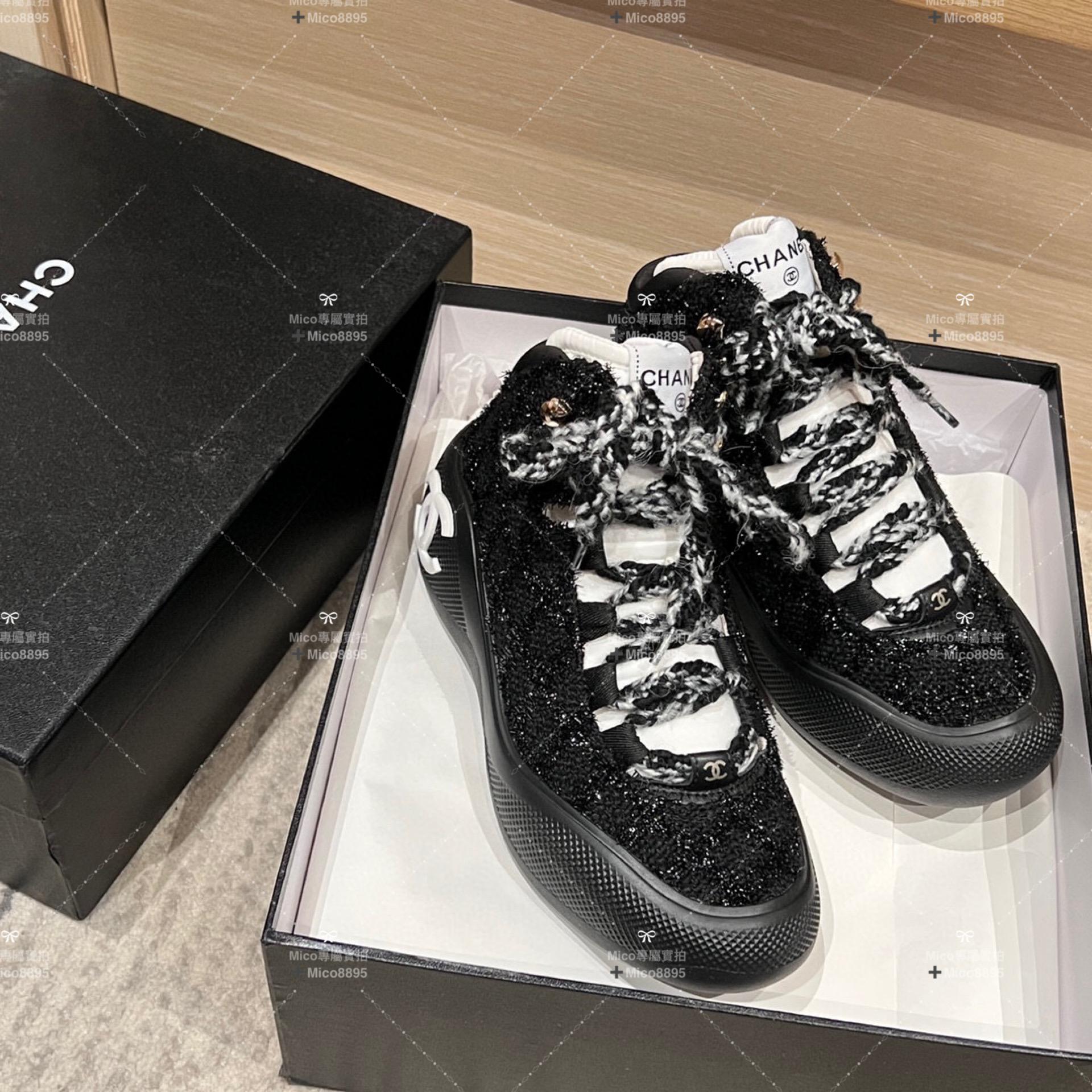 Chanel 22N 黑色毛呢 coco neige滑雪系列 毛呢厚底休閒鞋 35-39