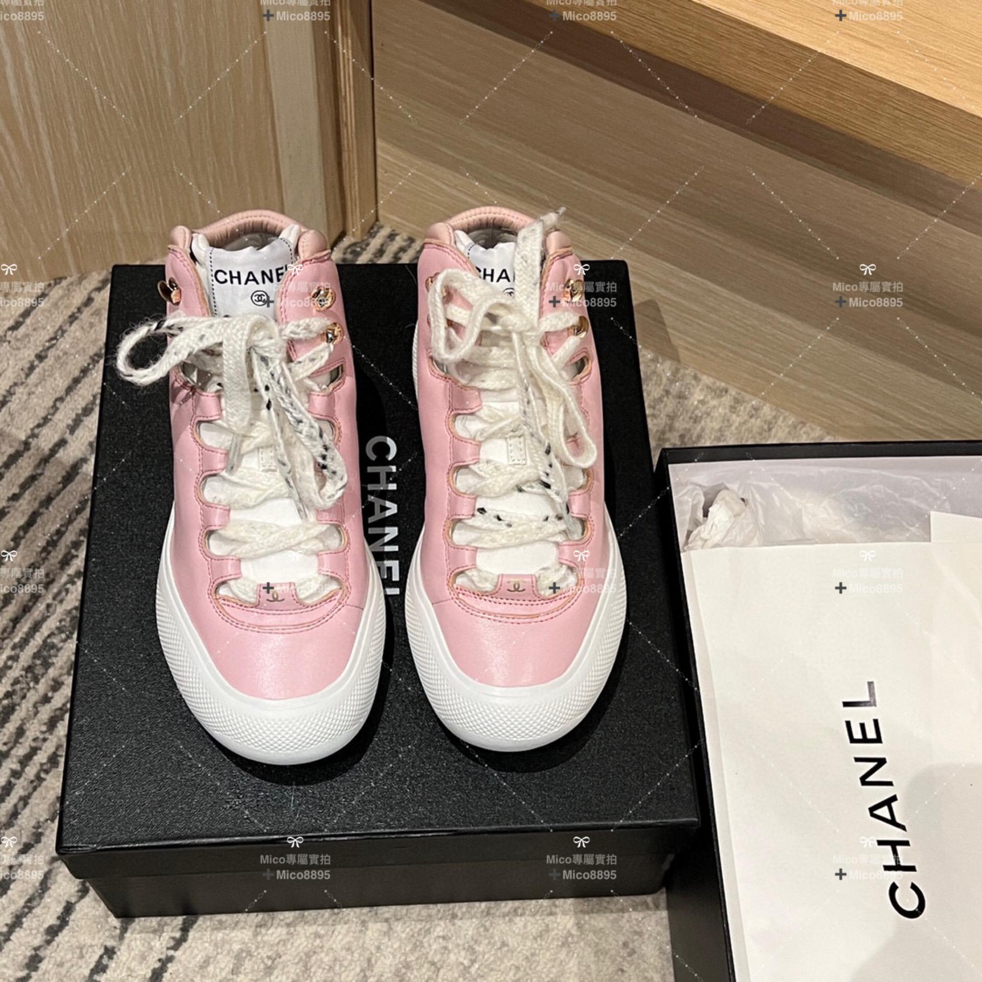 Chanel 22N 皮面粉色 coco neige滑雪系列 毛呢厚底休閒鞋 35-39