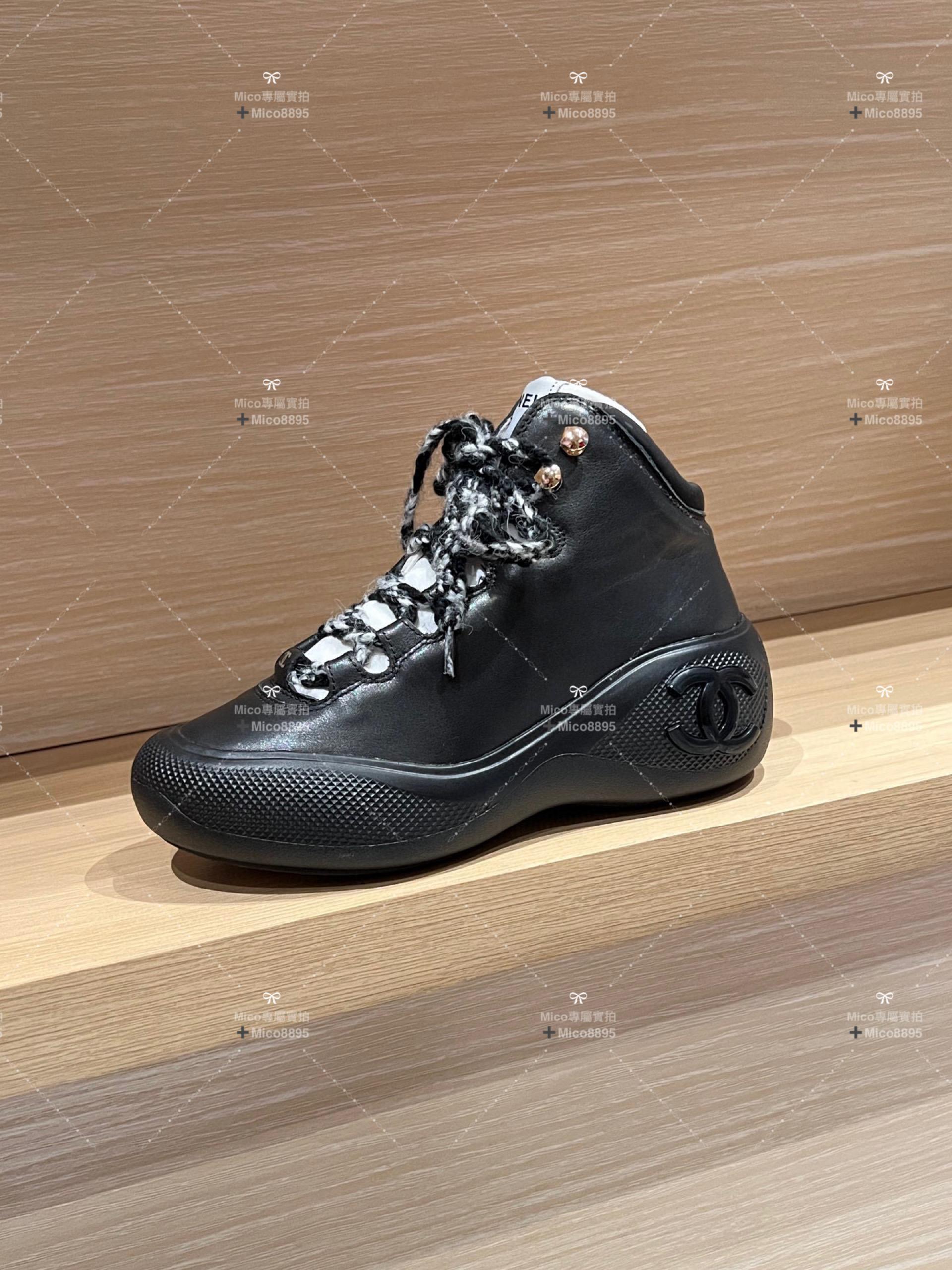 Chanel 22N 皮面黑色 coco neige滑雪系列 毛呢厚底休閒鞋 35-39