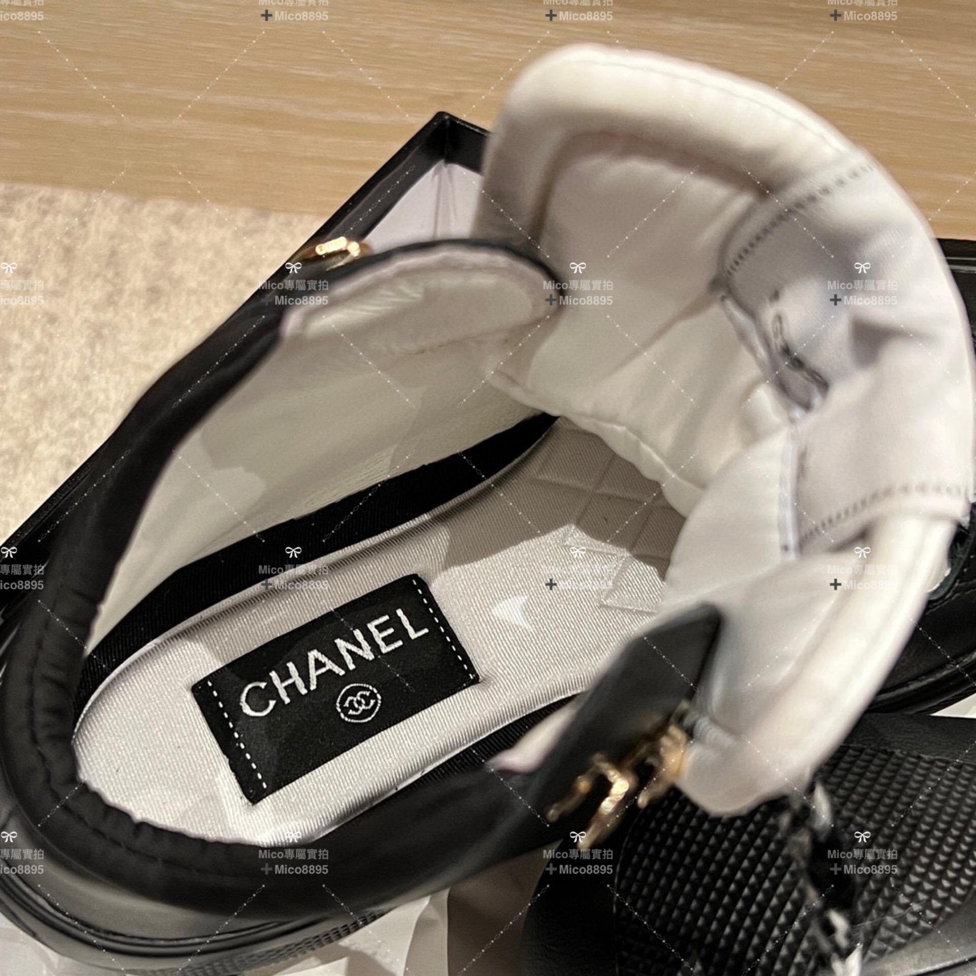 Chanel 22N 皮面黑色 coco neige滑雪系列 毛呢厚底休閒鞋 35-39