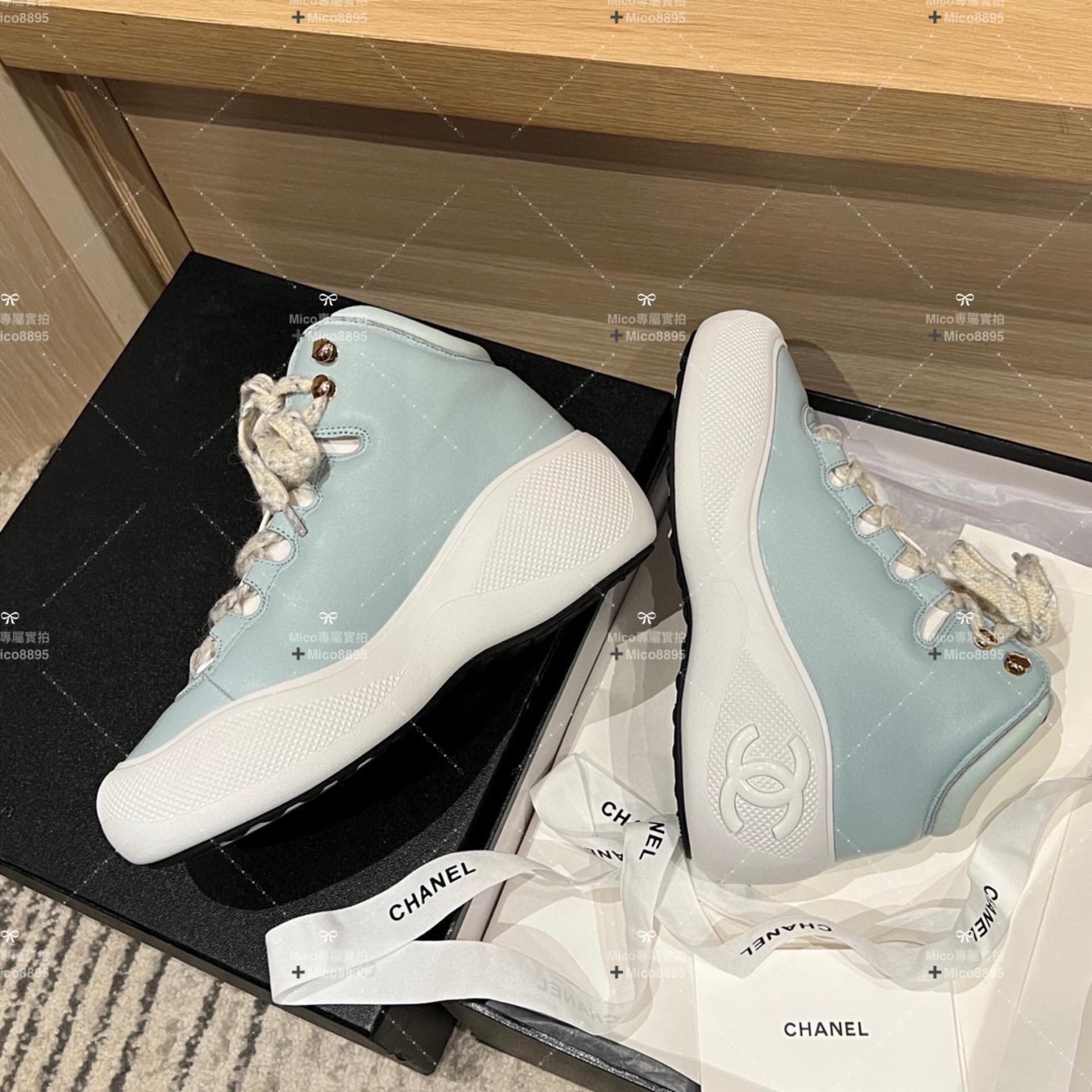 Chanel 22N 薄荷藍 皮面 coco neige滑雪系列 毛呢厚底休閒鞋 35-39