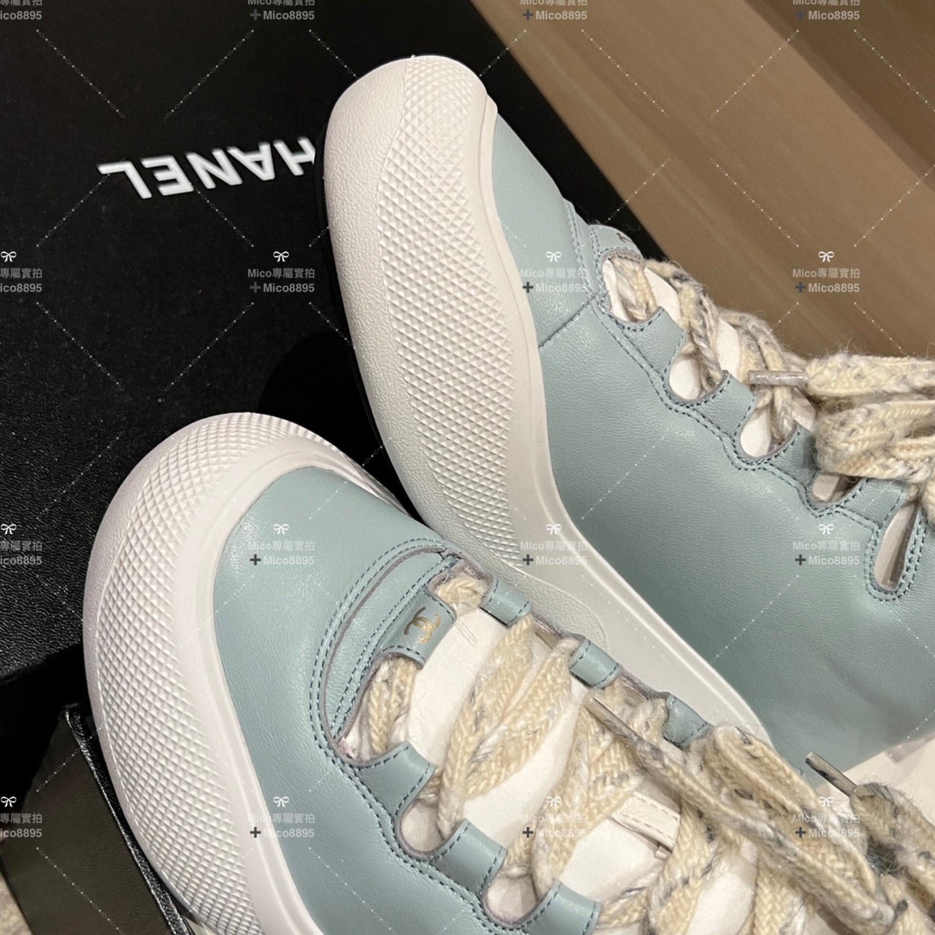 Chanel 22N 薄荷藍 皮面 coco neige滑雪系列 毛呢厚底休閒鞋 35-39