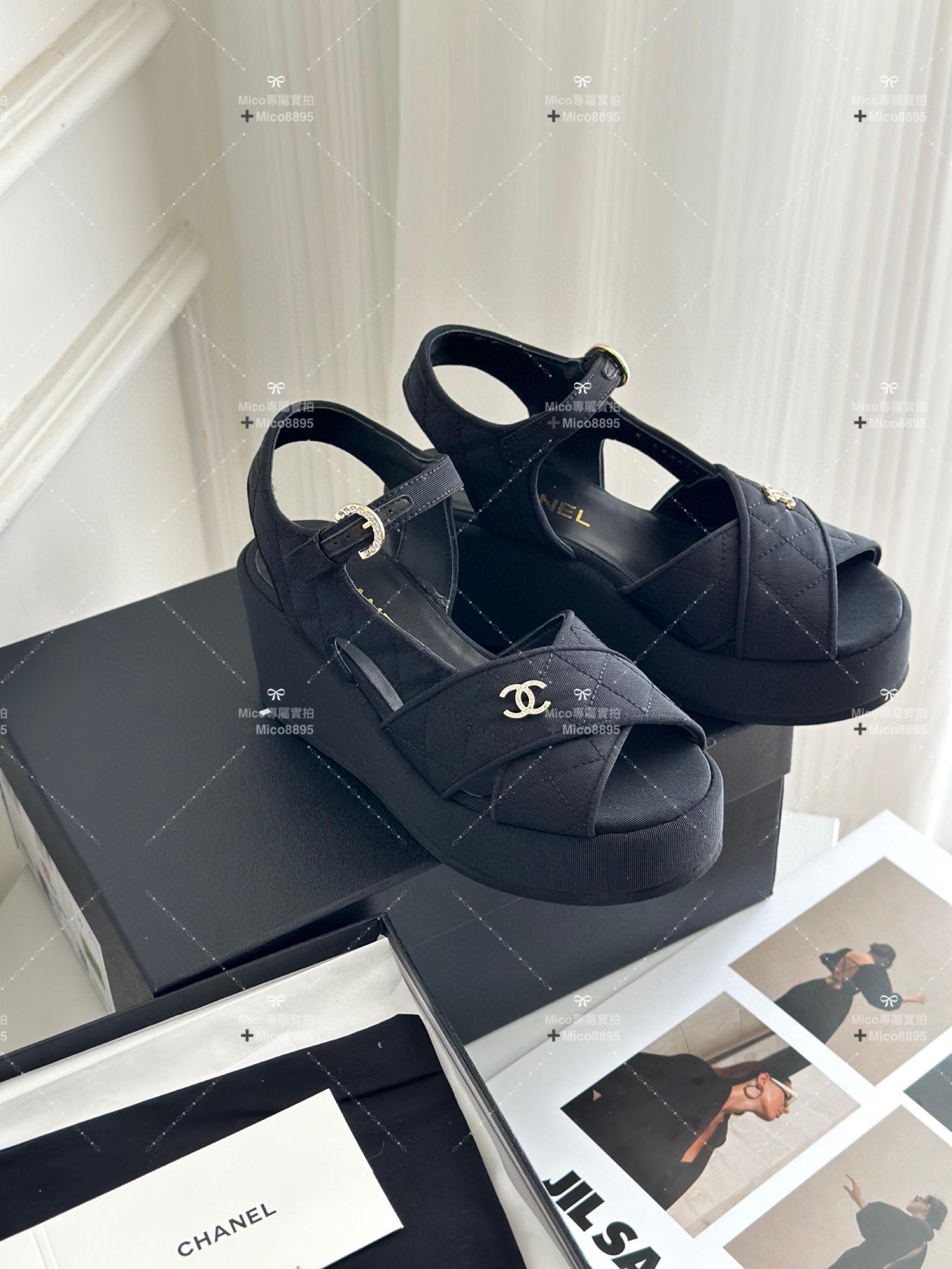 Chanel 23aw新品 布面黑 松糕坡跟 厚底凉鞋 35-39