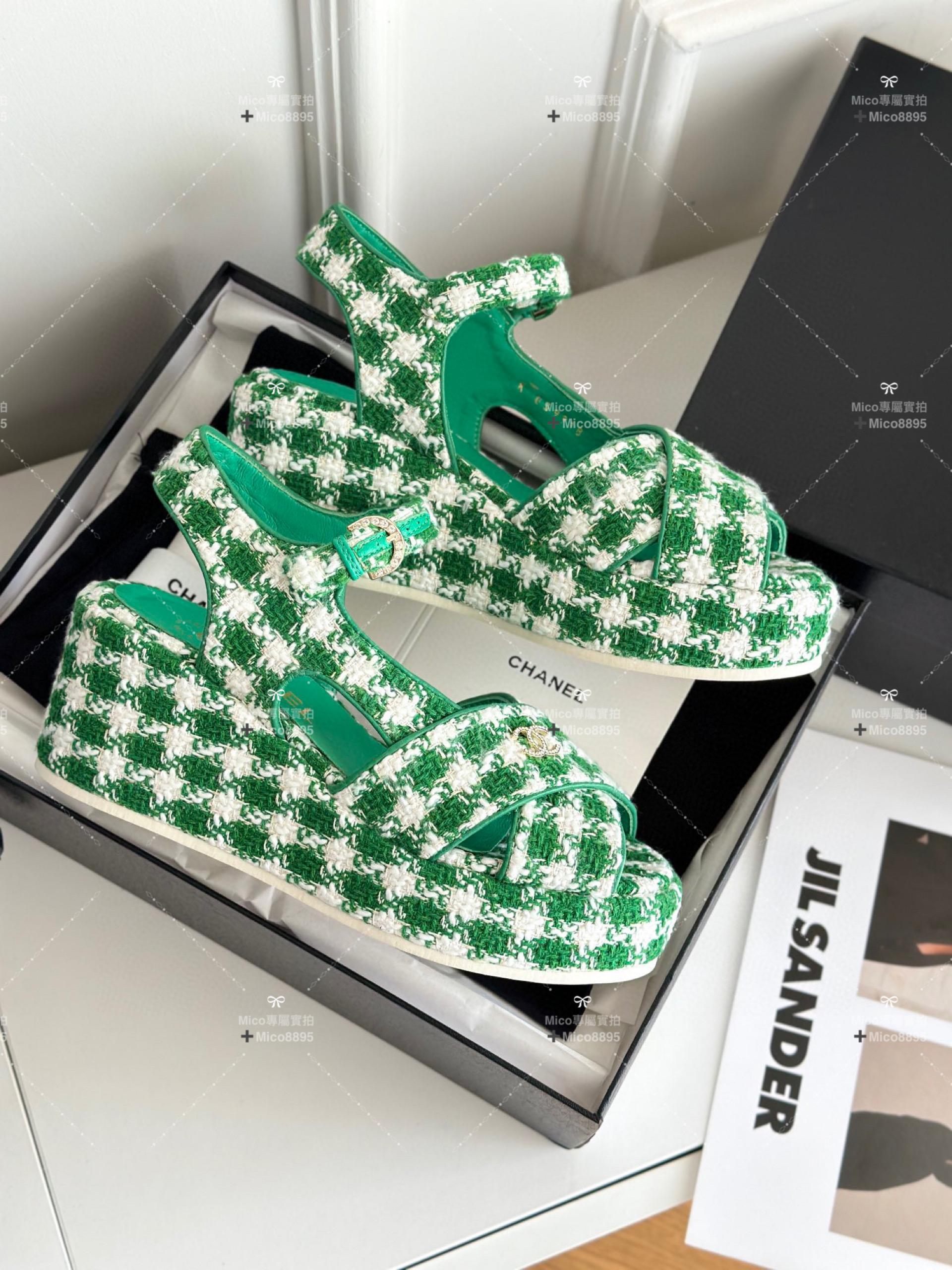 Chanel 23aw新品 千鳥格綠色 松糕坡跟 厚底凉鞋 35-39
