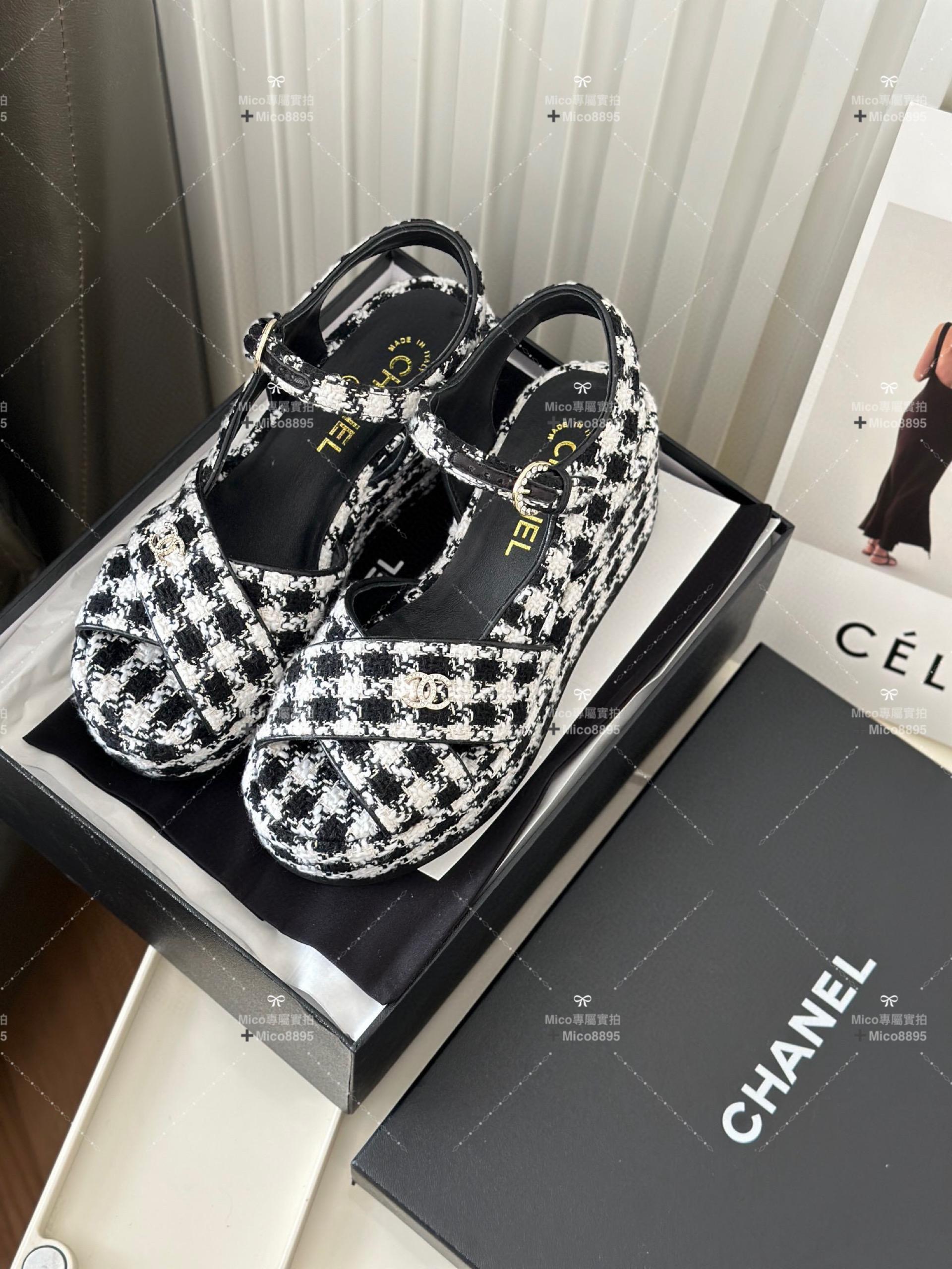 Chanel 23aw新品 黑白千鳥格 松糕坡跟 厚底凉鞋 35-39