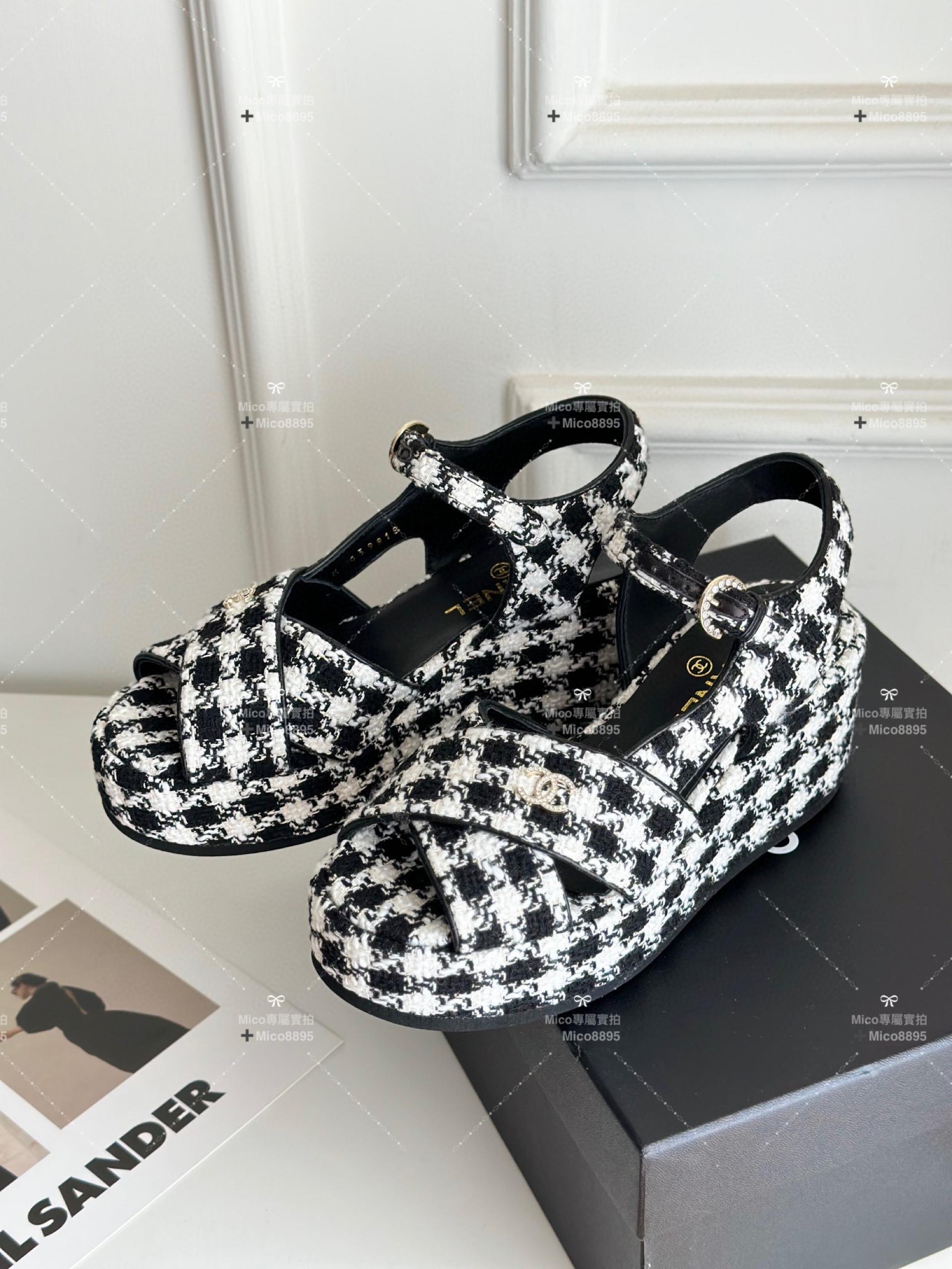 Chanel 23aw新品 黑白千鳥格 松糕坡跟 厚底凉鞋 35-39