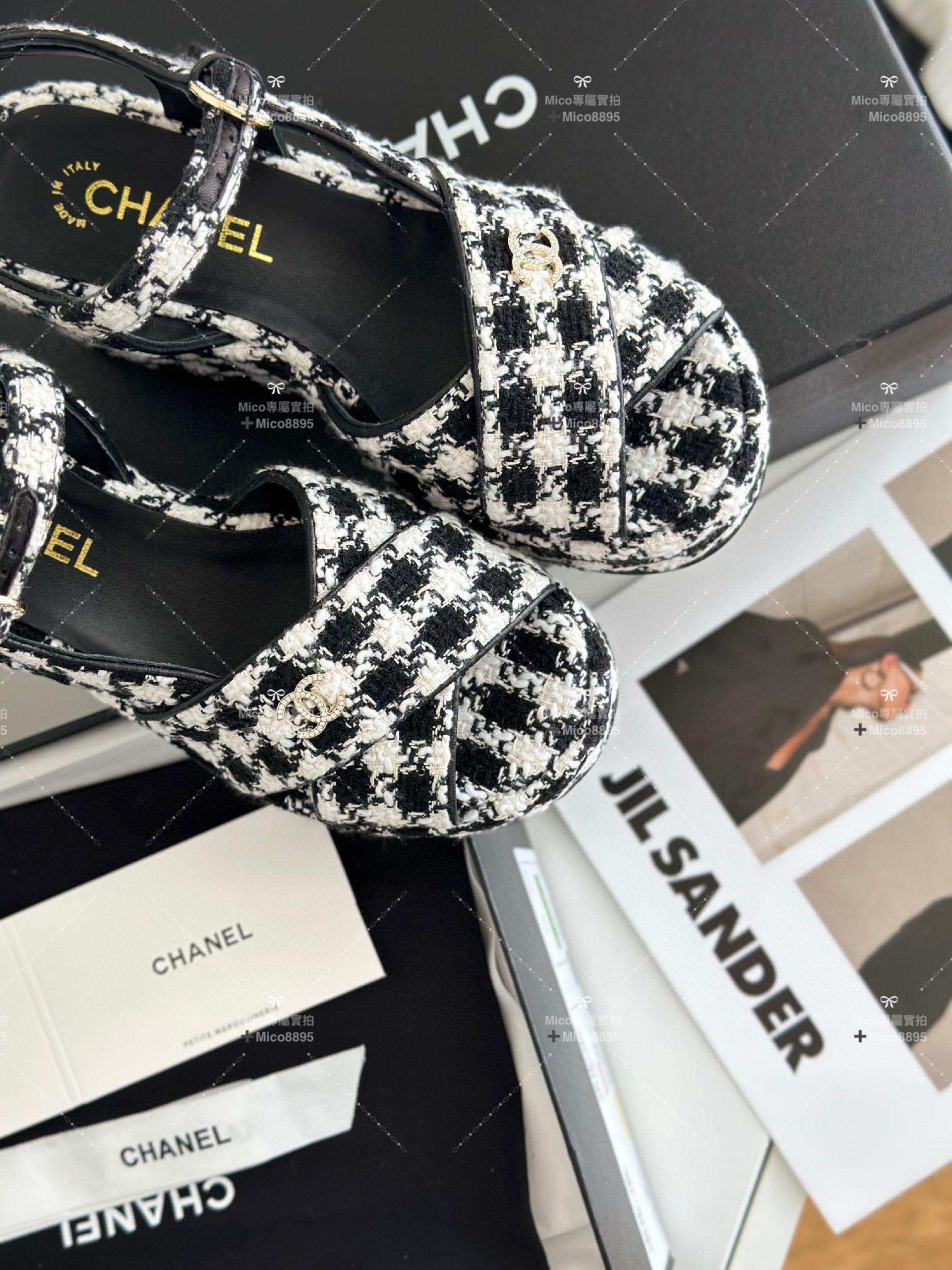 Chanel 23aw新品 黑白千鳥格 松糕坡跟 厚底凉鞋 35-39