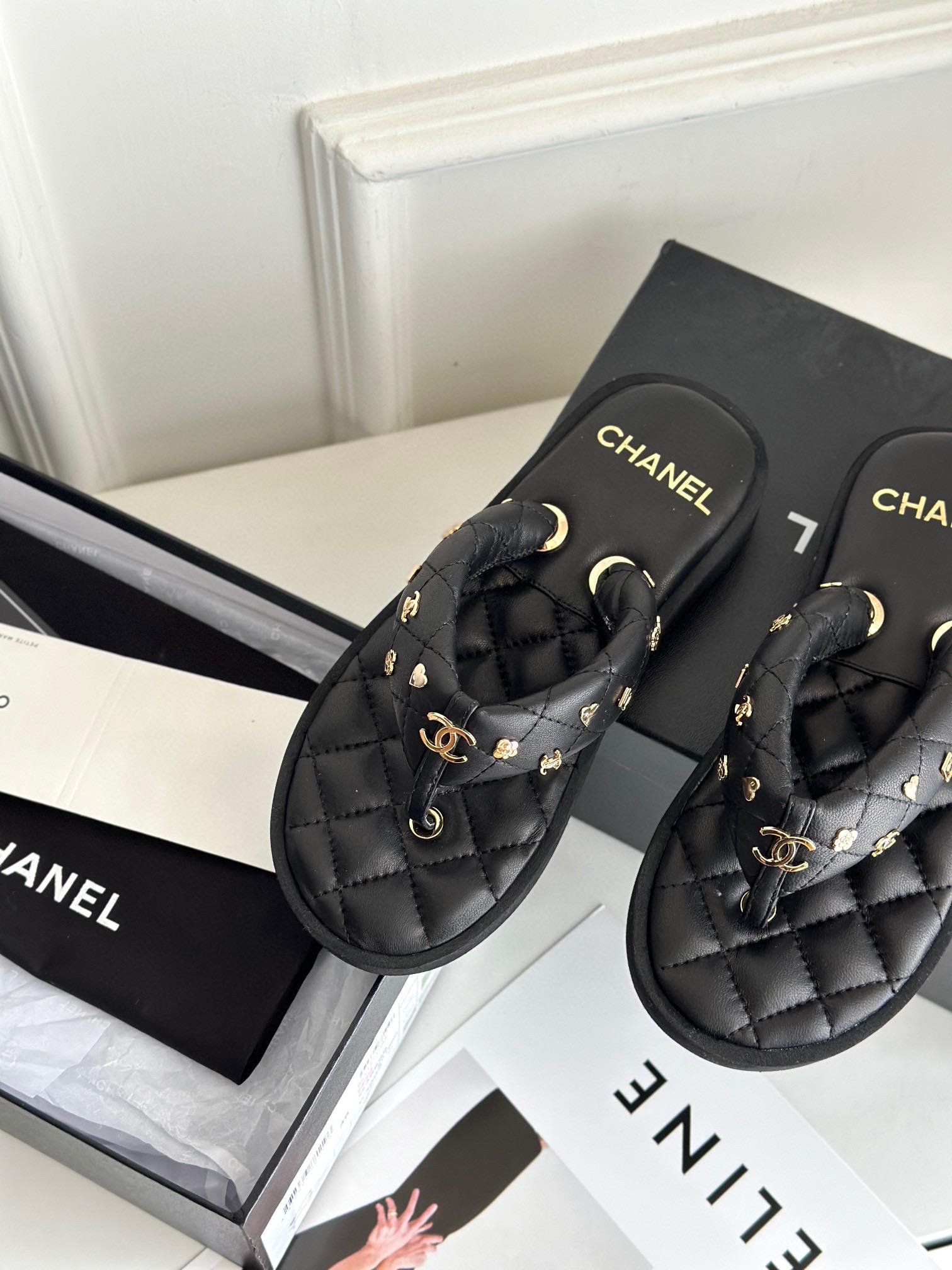 Chanel 23s新款 羊皮 經典元素long 夾腳拖鞋 真皮 35/39