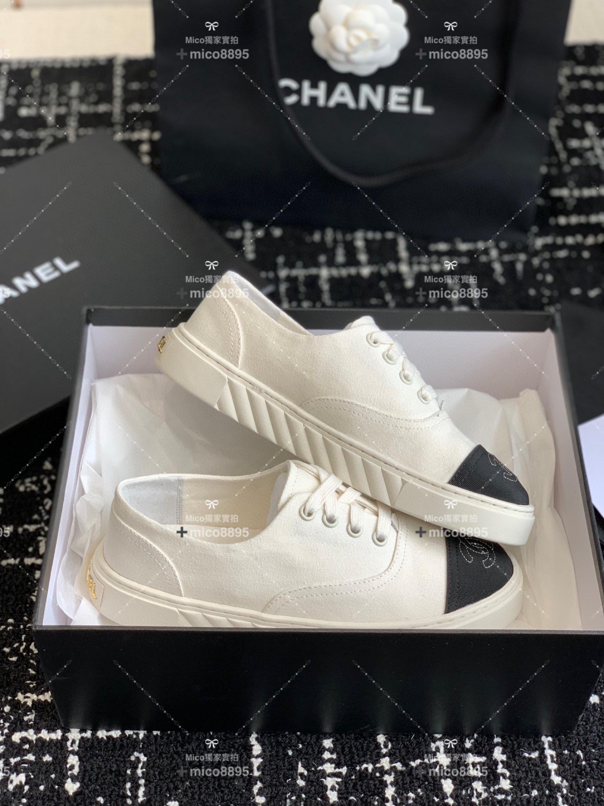 Chanel 2023ss新款 小香vintage 中古風 黑白帆布鞋休閒運動鞋小白鞋