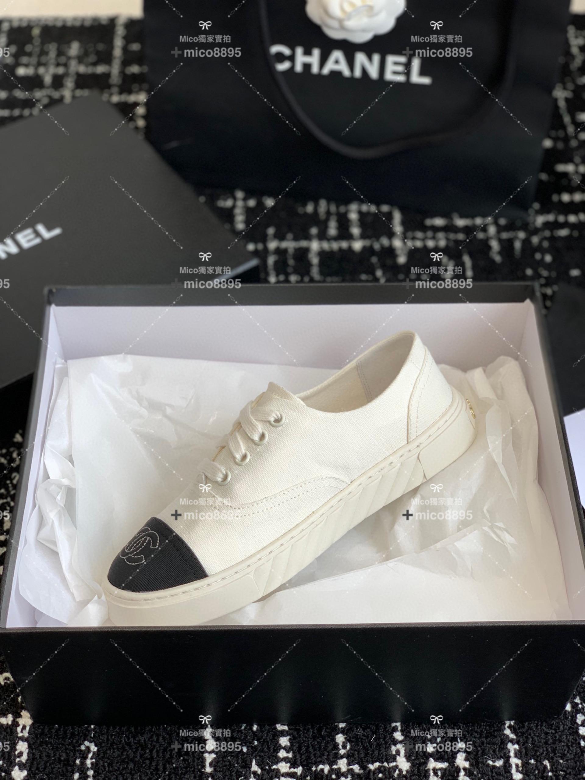 Chanel 2023ss新款 小香vintage 中古風 黑白帆布鞋休閒運動鞋小白鞋