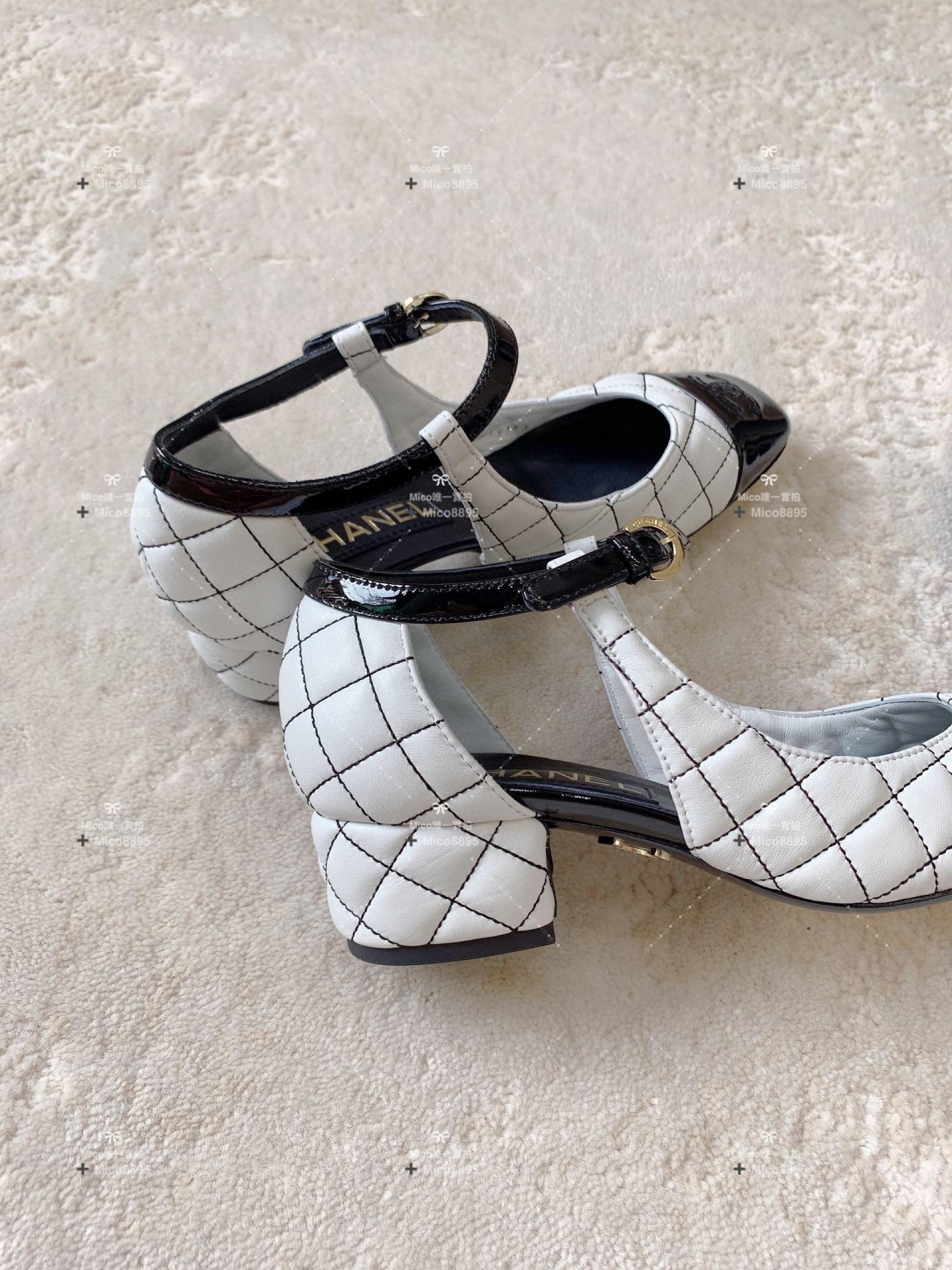 Chanel 菱格刺繡 真皮 瑪莉珍跟鞋 涼鞋 3.5cm跟高