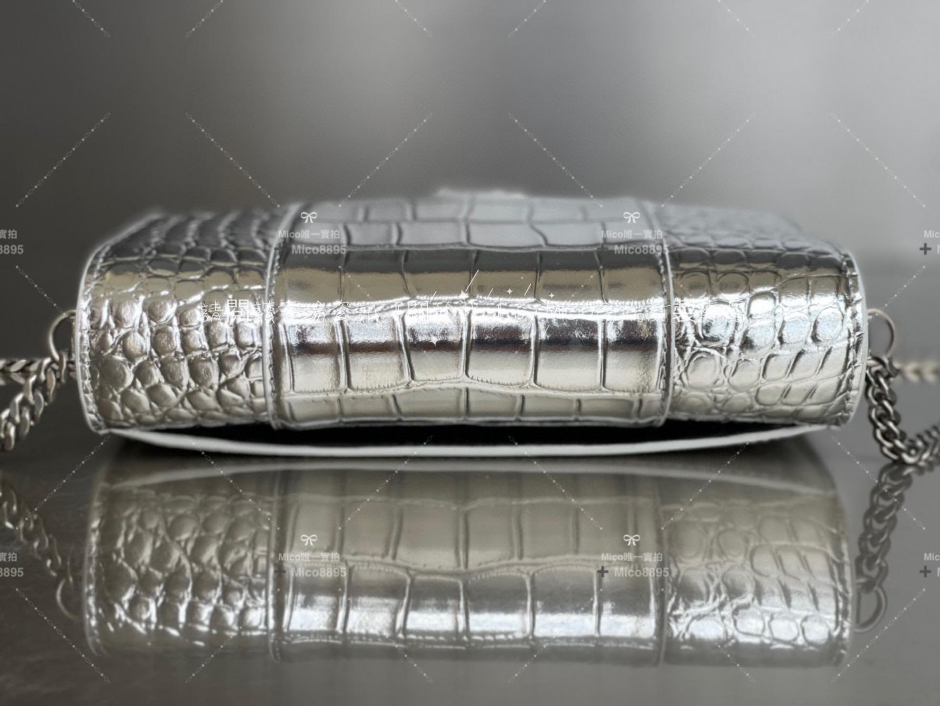 Balenciaga 鱷魚壓紋 銀色/銀扣 WOC 沙漏包/鍊條包/錢包 19cm