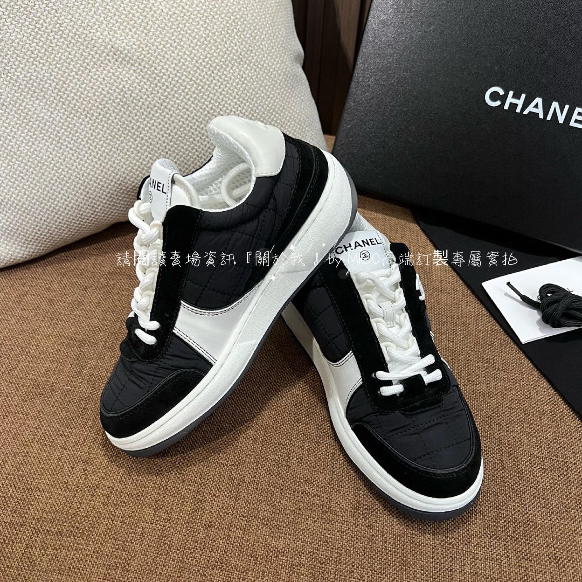 Chanel 23c 黑白配色 反毛皮拼接菱格布面 休閒板鞋 休閒鞋 35-39