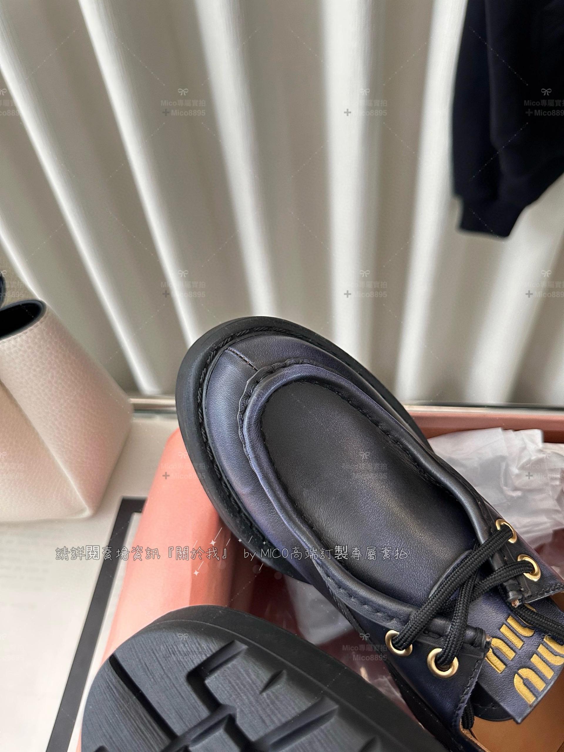 MIUMIU 復古學院風格 擦色黑 厚底皮革綁帶樂福鞋/紳士鞋 35-39