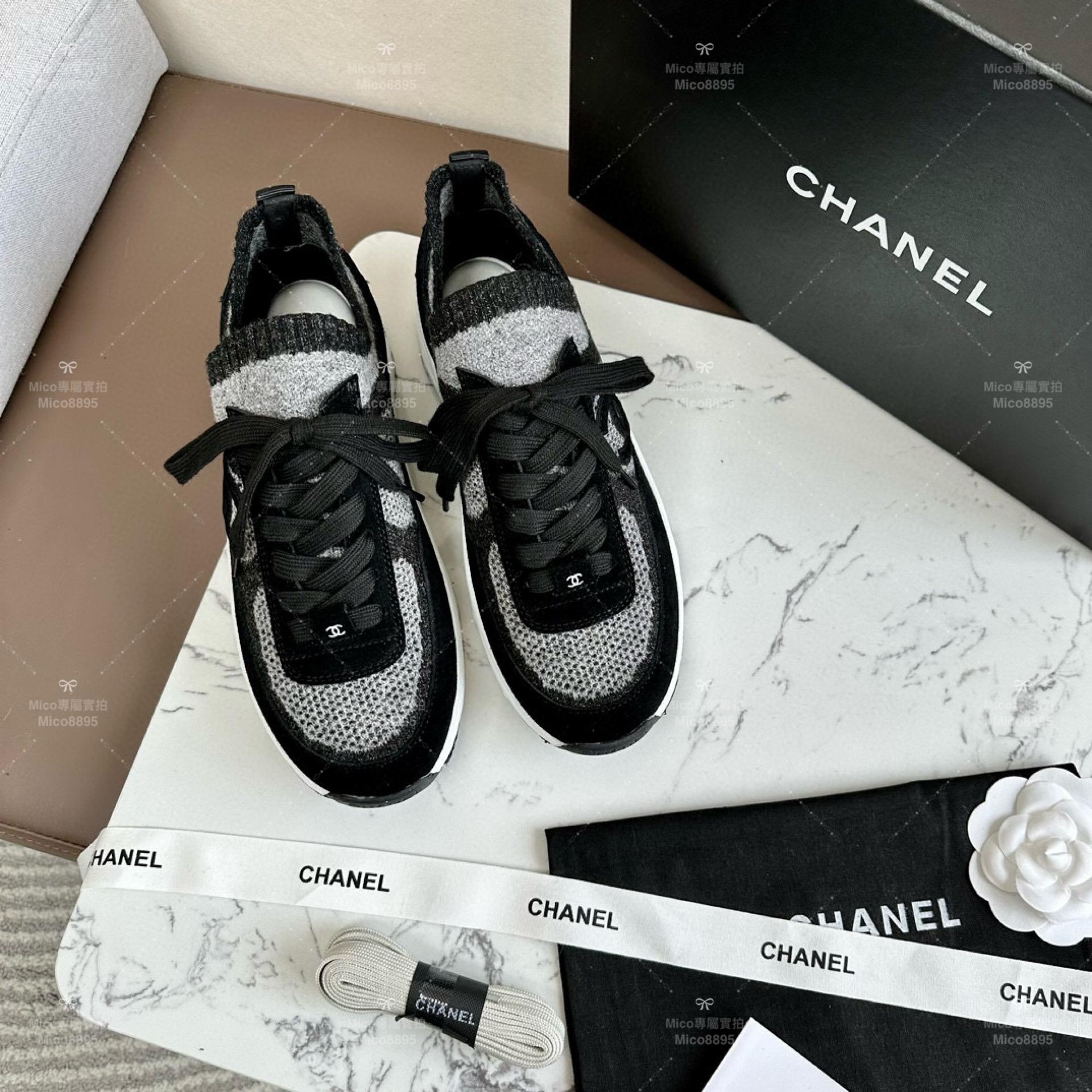 Chanel 23B季節款 秋冬羊絨麂皮款 黑色 針織休閒運動鞋｜女鞋 襪子運動鞋 休閒鞋 35-39