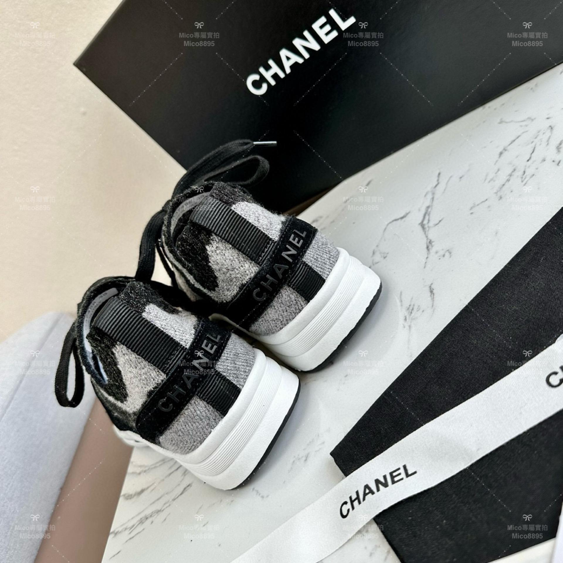 Chanel 23B季節款 秋冬羊絨麂皮款 黑色 針織休閒運動鞋｜女鞋 襪子運動鞋 休閒鞋 35-39