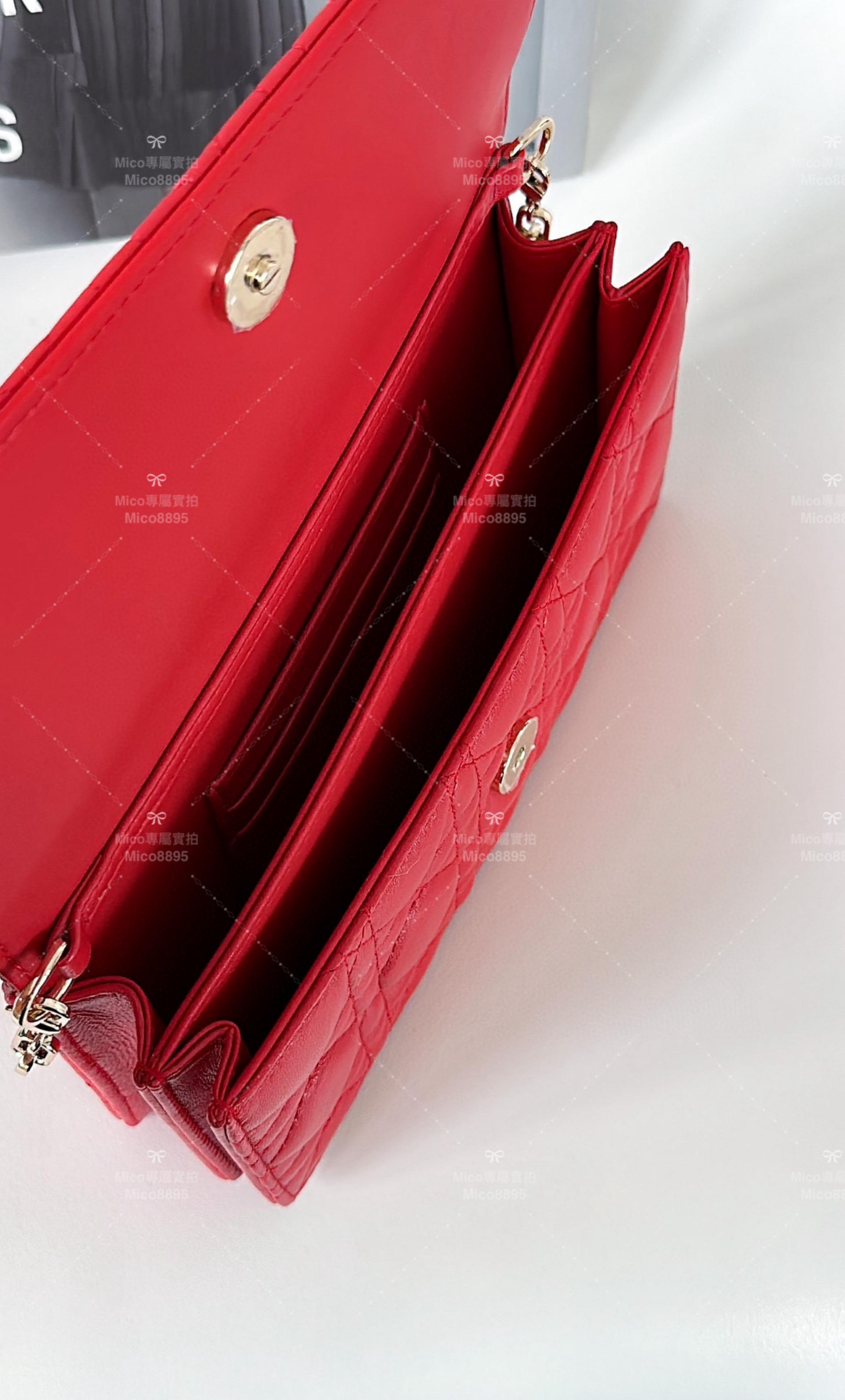 Dior Lady 藤格紋手拿包 WOC 小羊皮/紅色 21cm