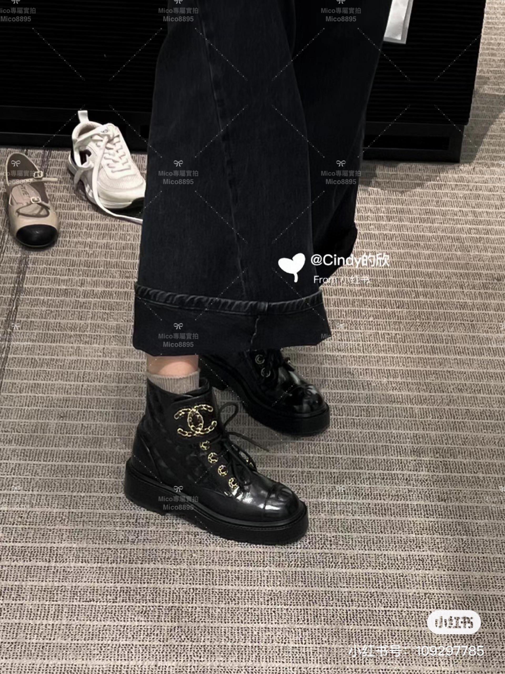 Chanel 經典菱格紋機車靴/短靴/ 黑色亮面牛皮 SIZE 35-39(可訂製40）