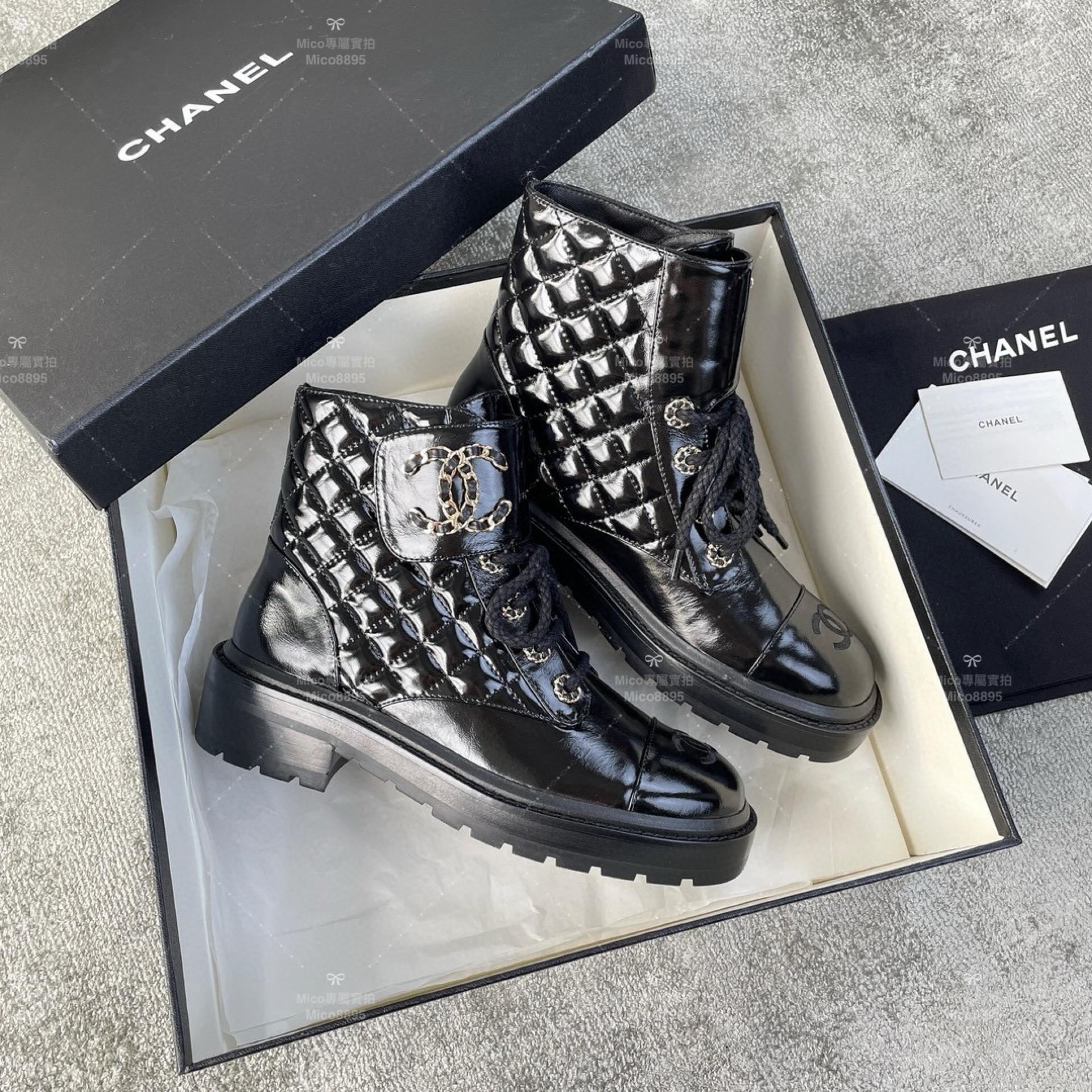 Chanel 經典菱格紋機車靴/短靴/ 黑色亮面牛皮 SIZE 35-39(可訂製40）