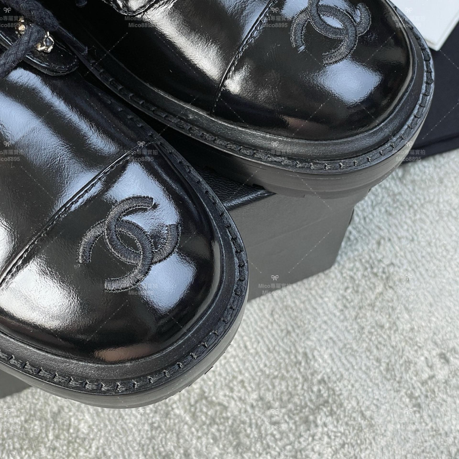 Chanel 經典菱格紋機車靴/短靴/ 黑色亮面牛皮 SIZE 35-39(可訂製40）