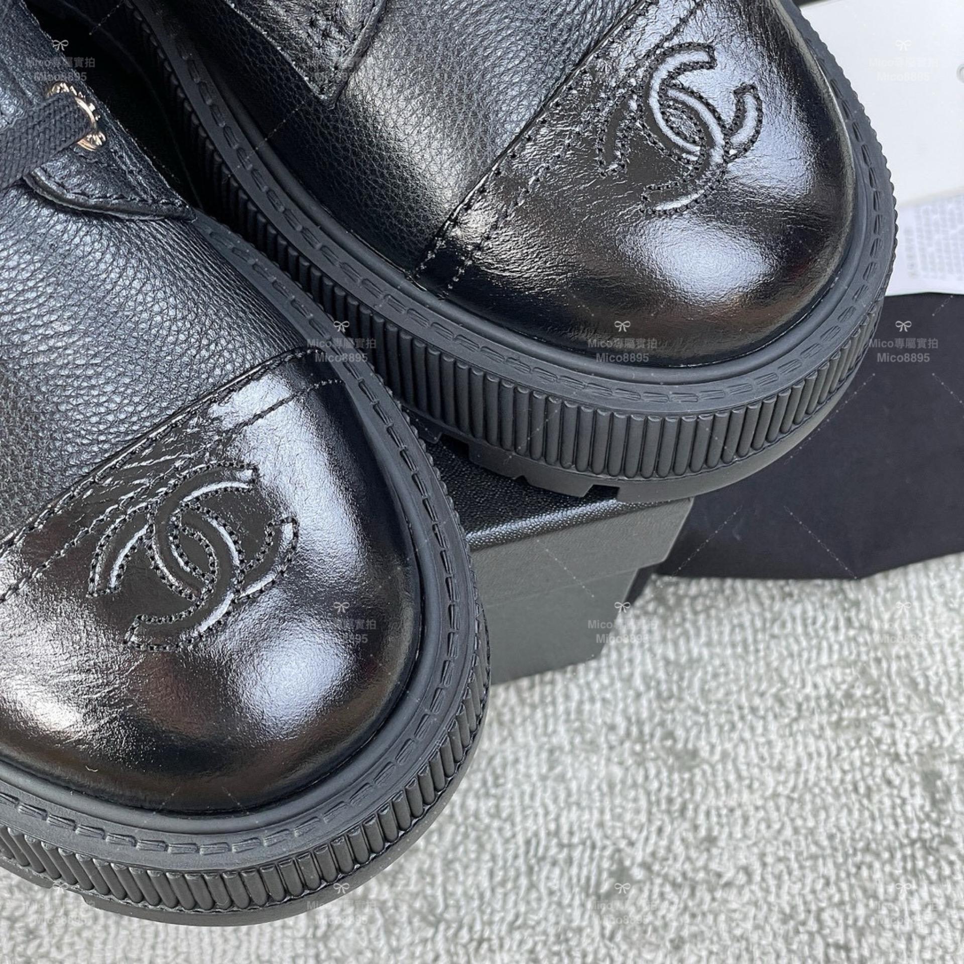 Chanel 23B 厚底繫帶馬丁靴/黑色荔枝紋小牛皮/ 底厚5cm SIZE 35-39(可訂製40）