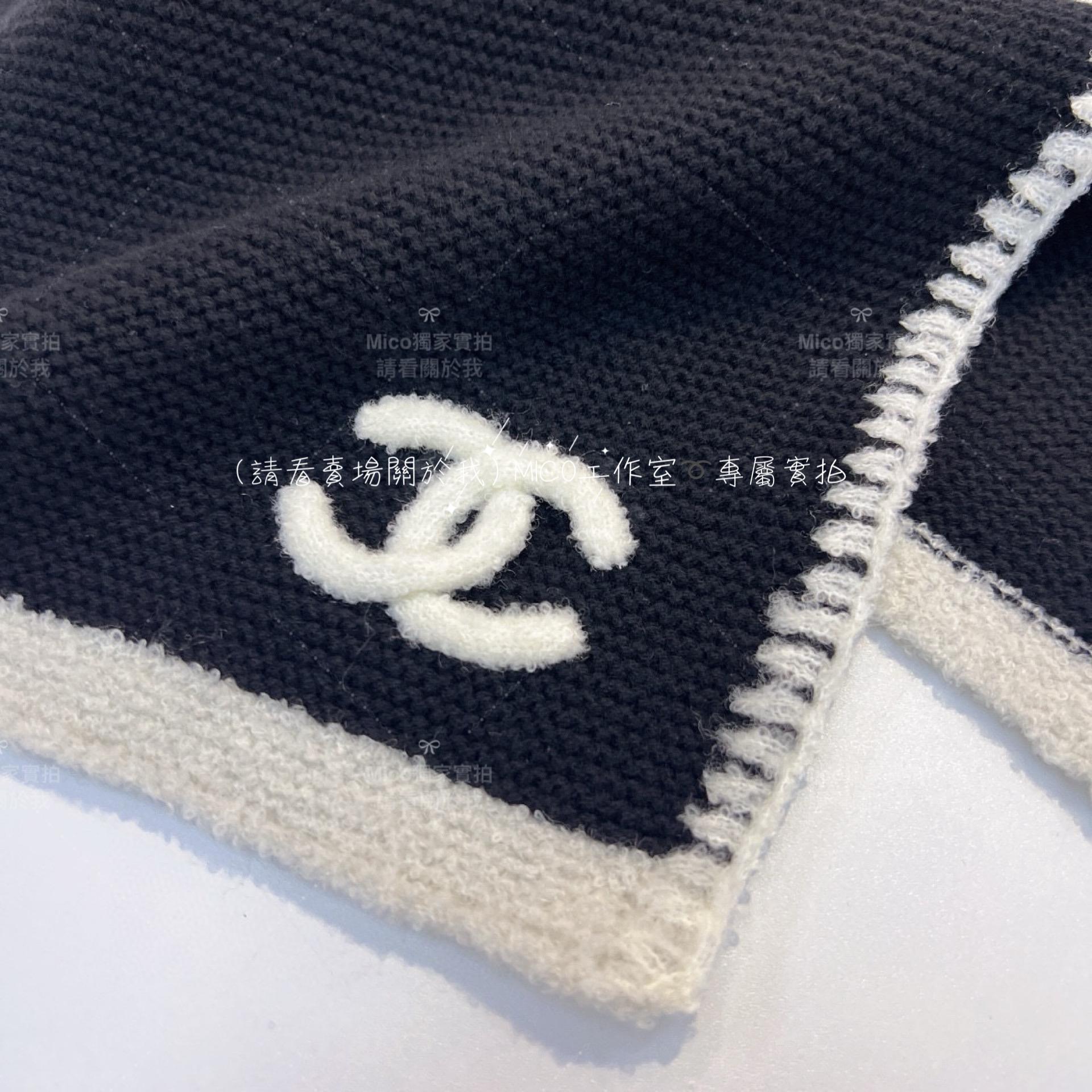 Chanel 高訂版 23A款 羊絨黑色拼白色鎖邊圍巾 Size ：200✖️30cm