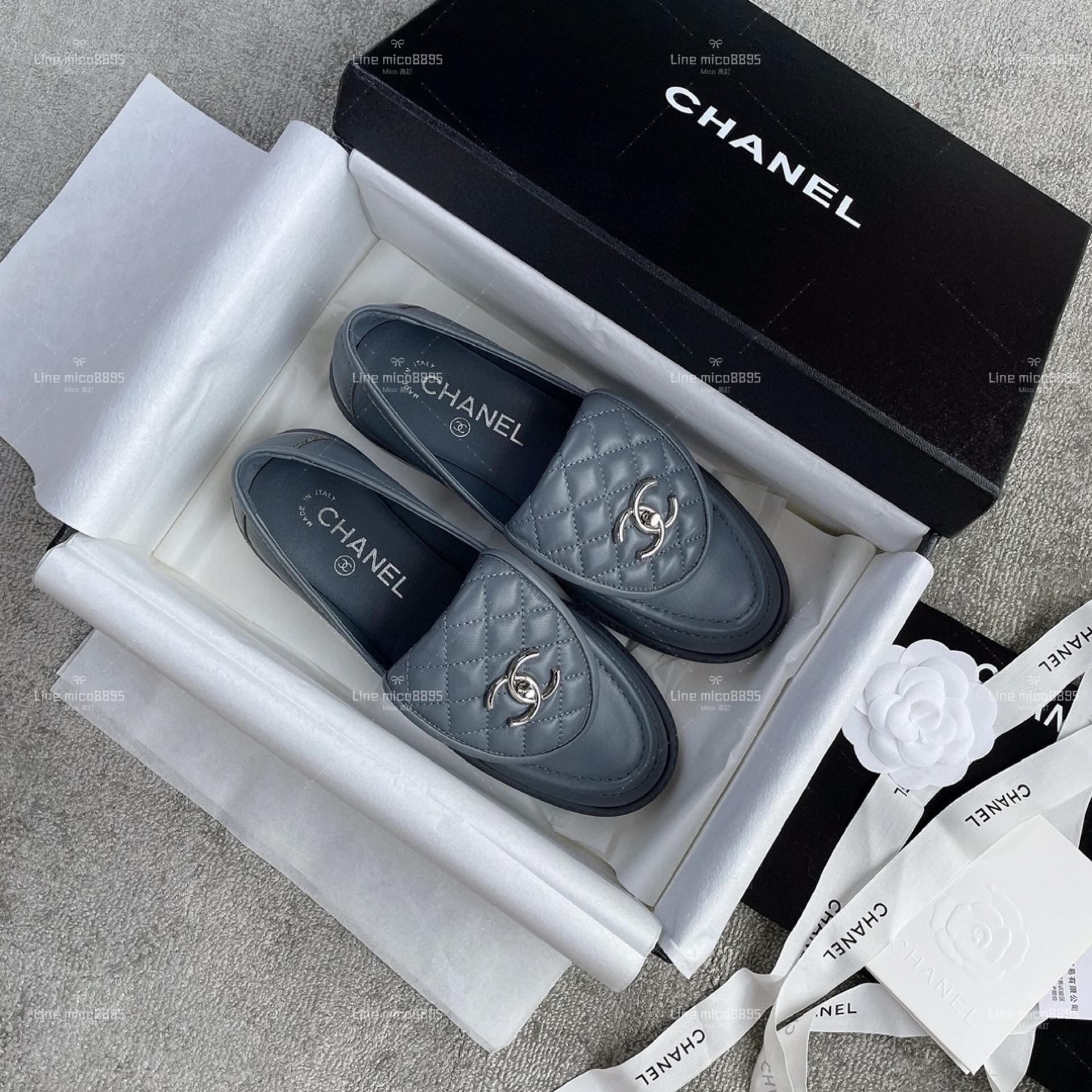 Chanel 經典書包釦 菱格樂福鞋 羊皮灰色 銀釦 35-40