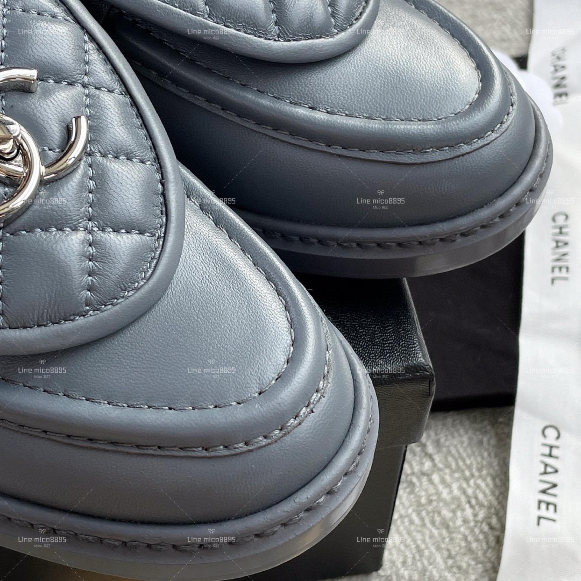 Chanel 經典書包釦 菱格樂福鞋 羊皮灰色 銀釦 35-40